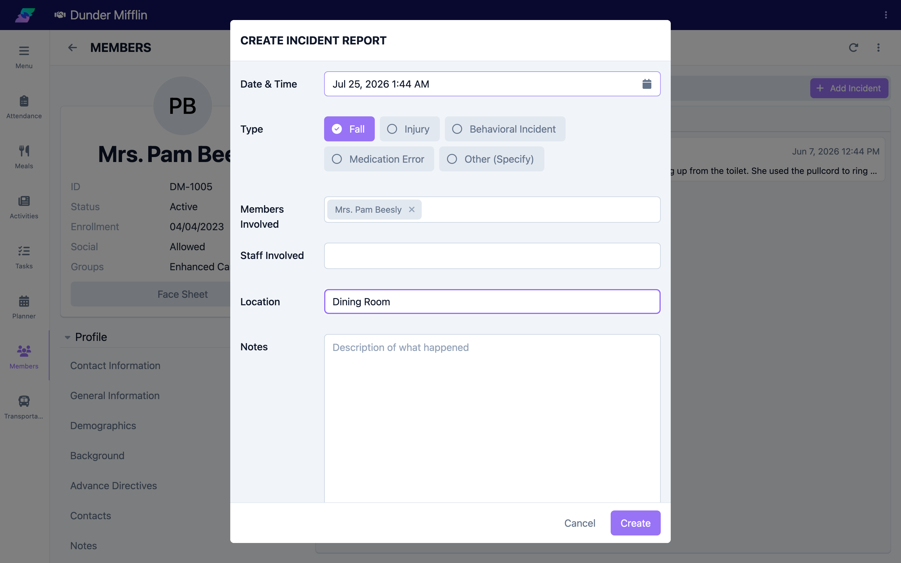 Type, Members Involved, Staff Involved, and Location fields completed