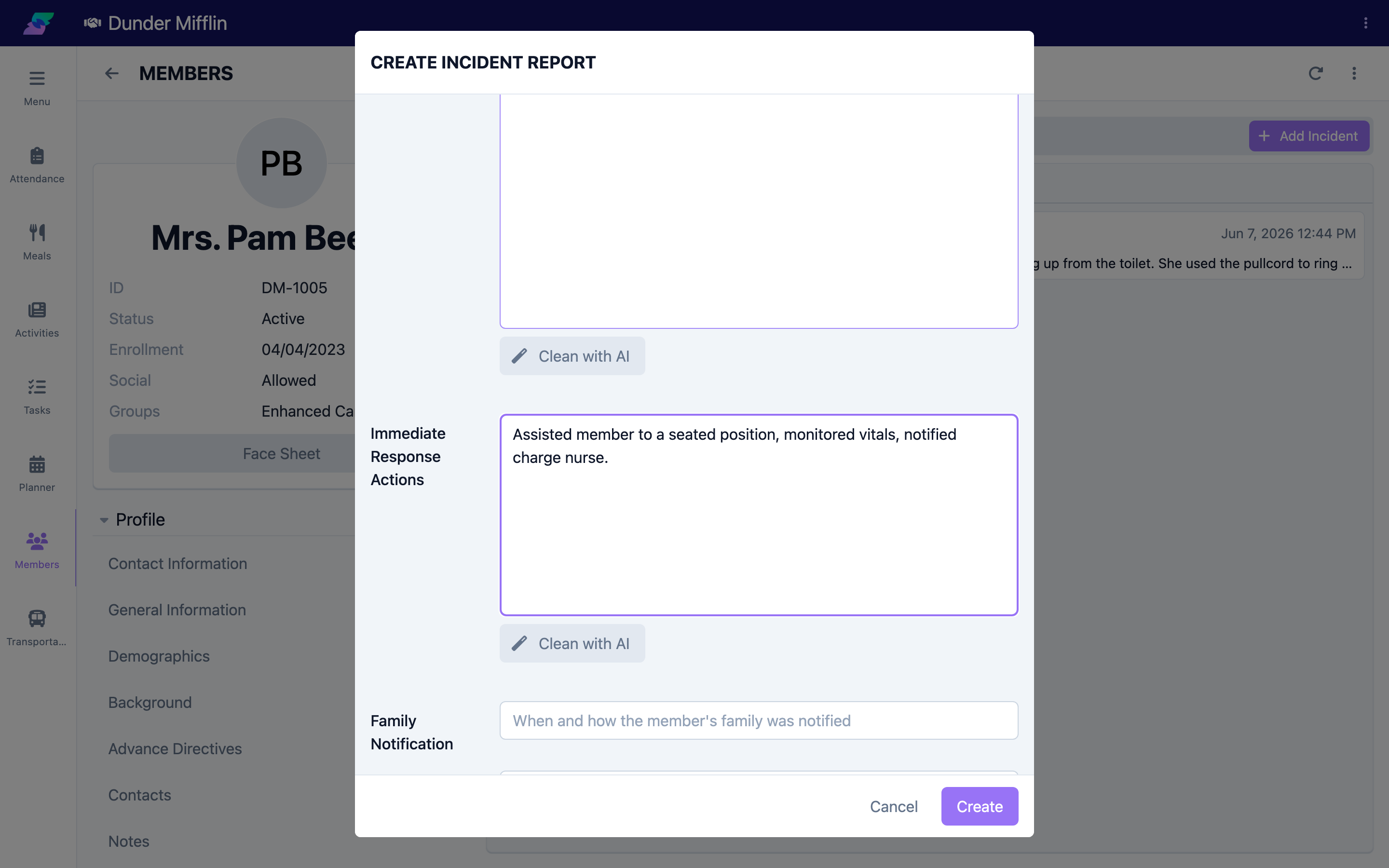 Notes and Immediate Response Actions with the Clean with AI button
