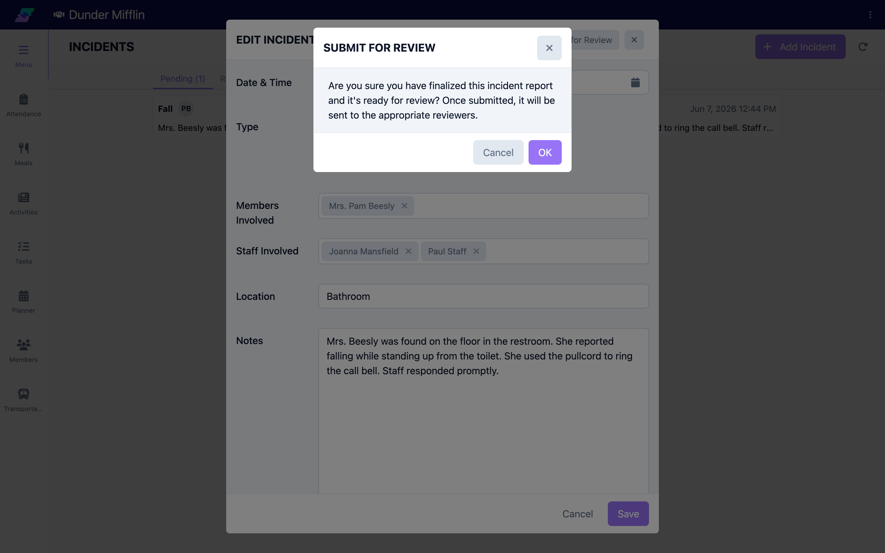 Submit for Review button and confirmation on a Pending incident