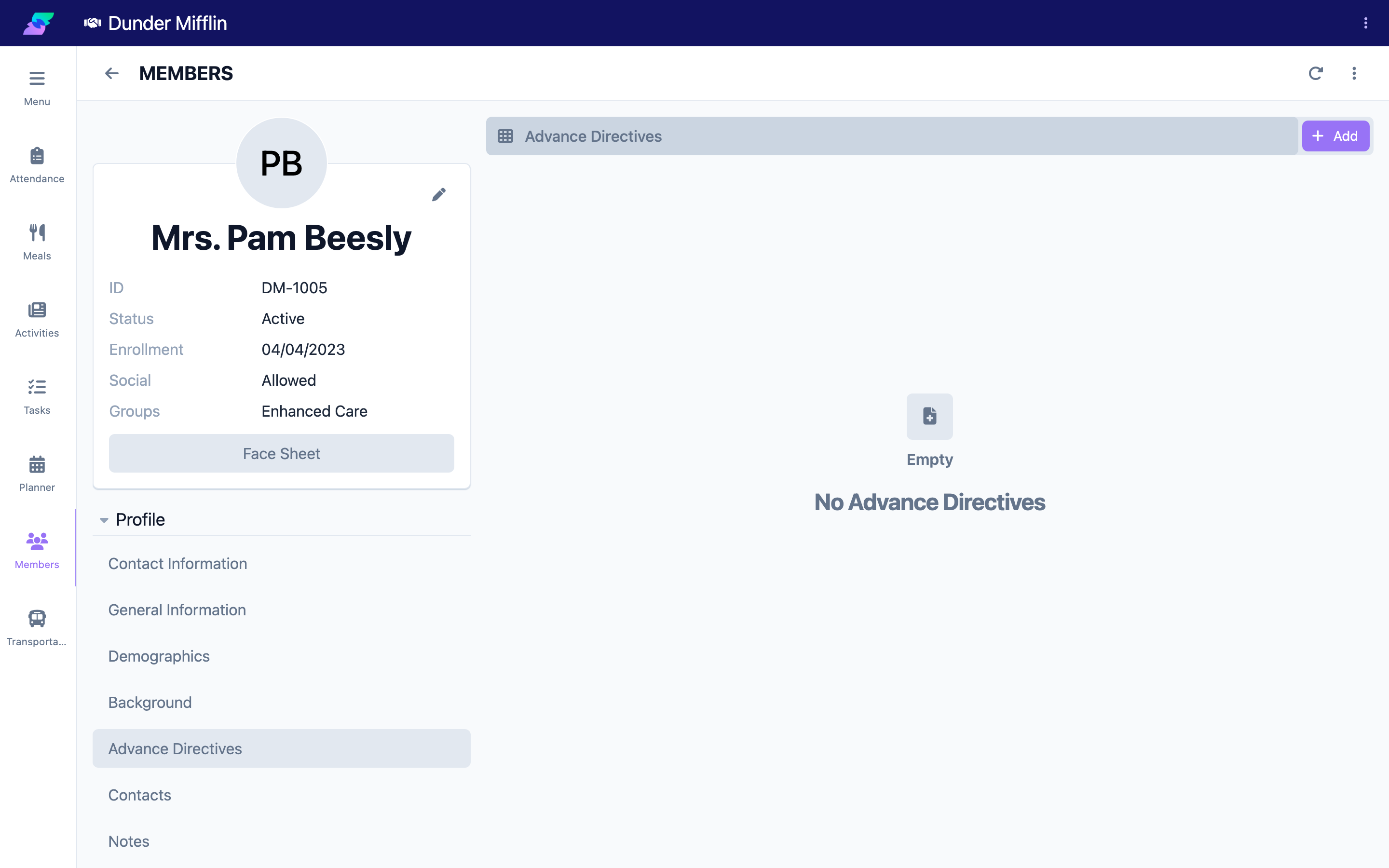 Advance Directives tab in the Profile tab group