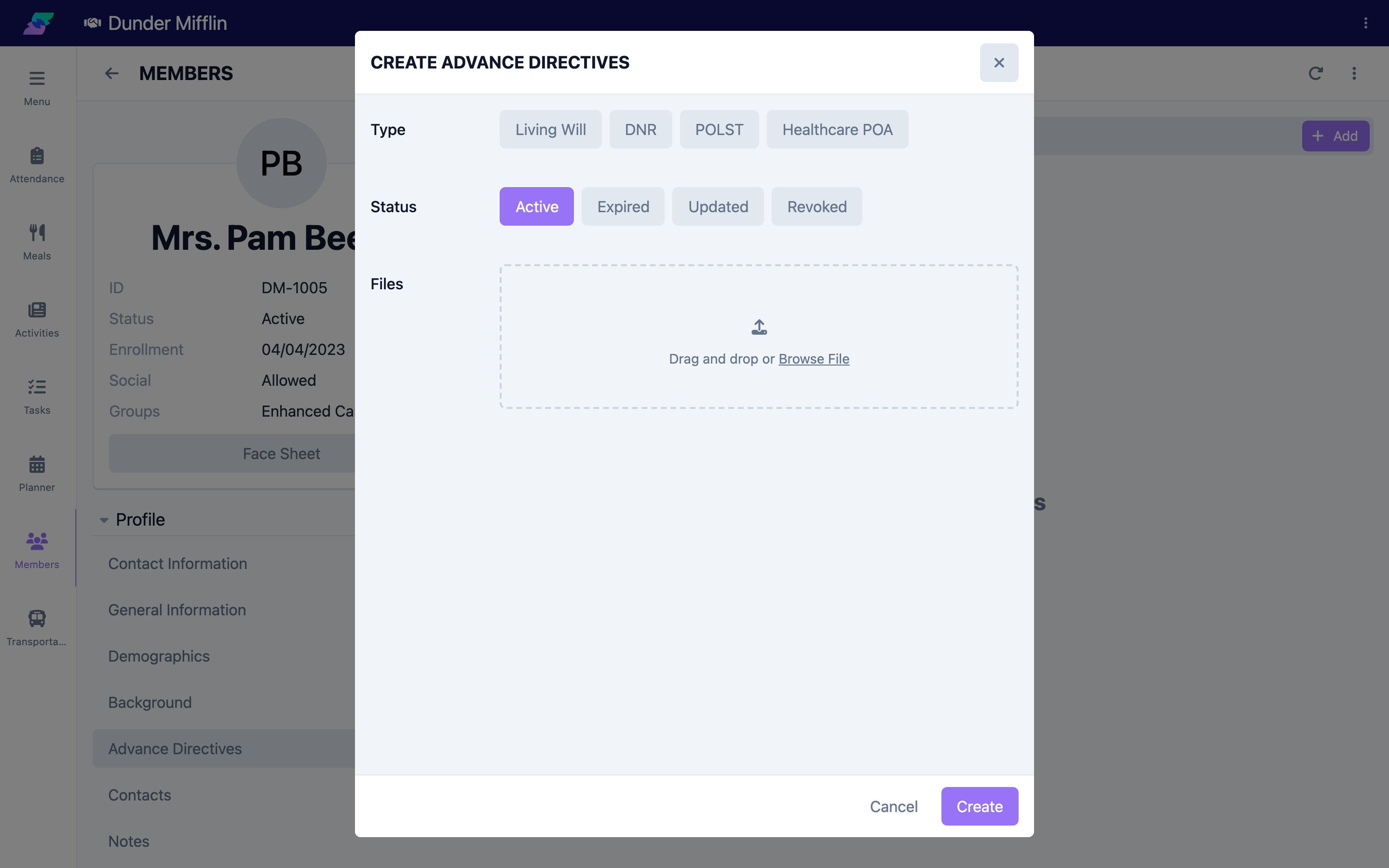 Advance Directives form opened from the Add button