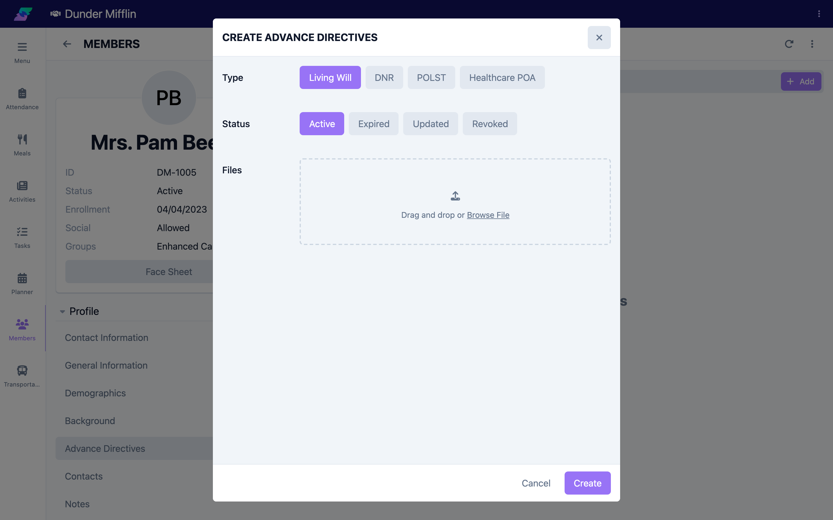 Type and Status selected on the directive form