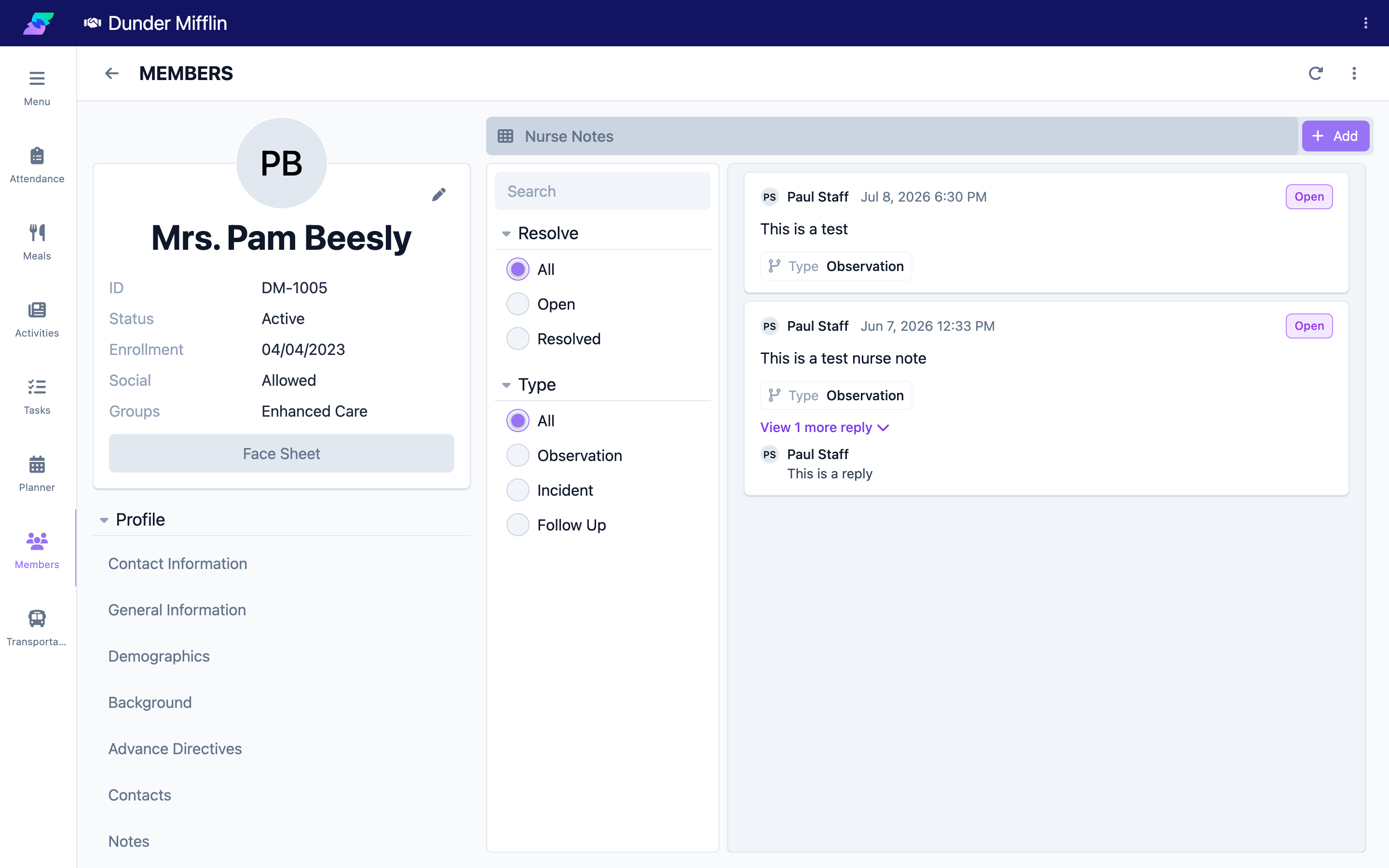 Nurse Notes tab listing existing notes