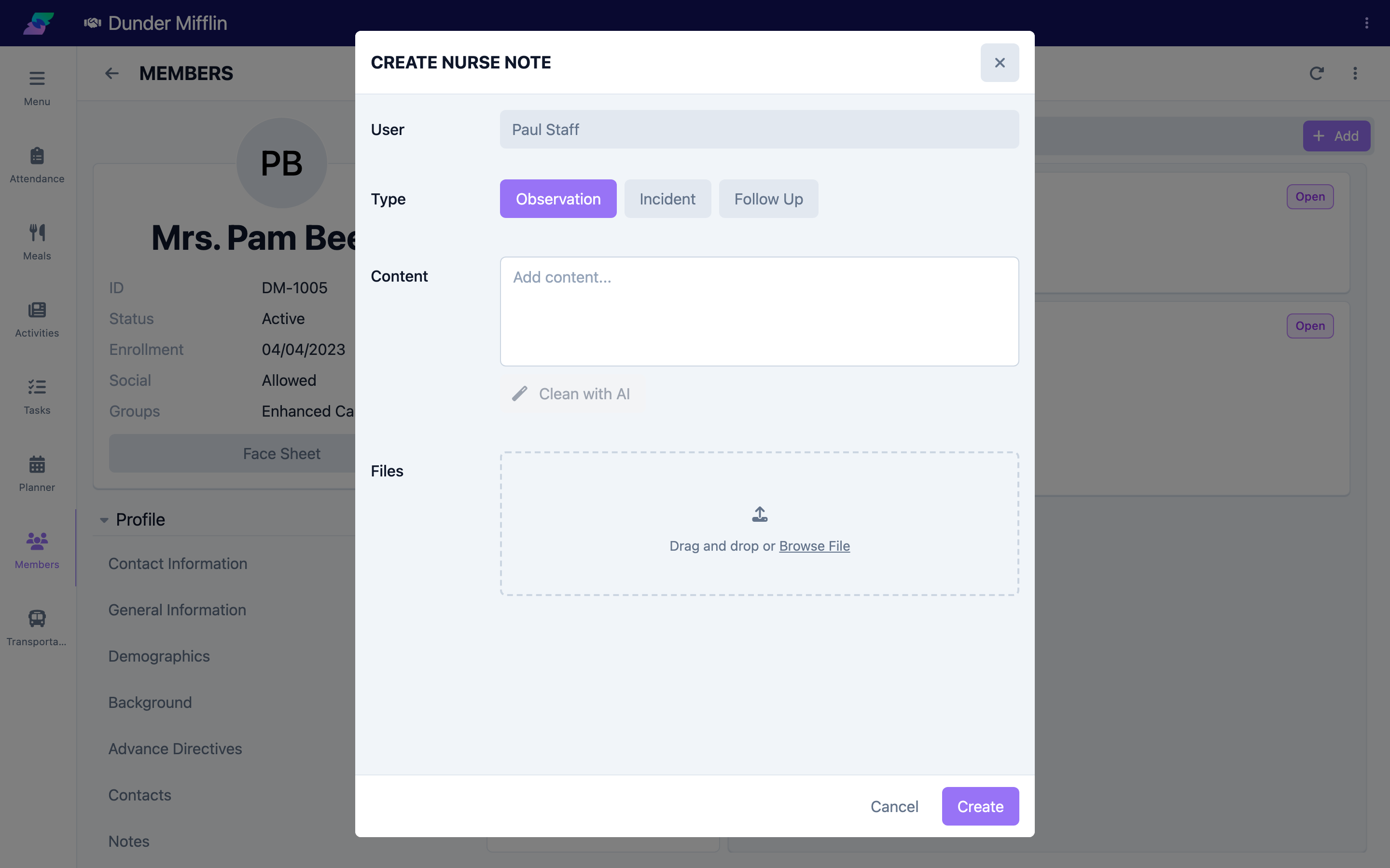 Type and tag options on the nurse note form