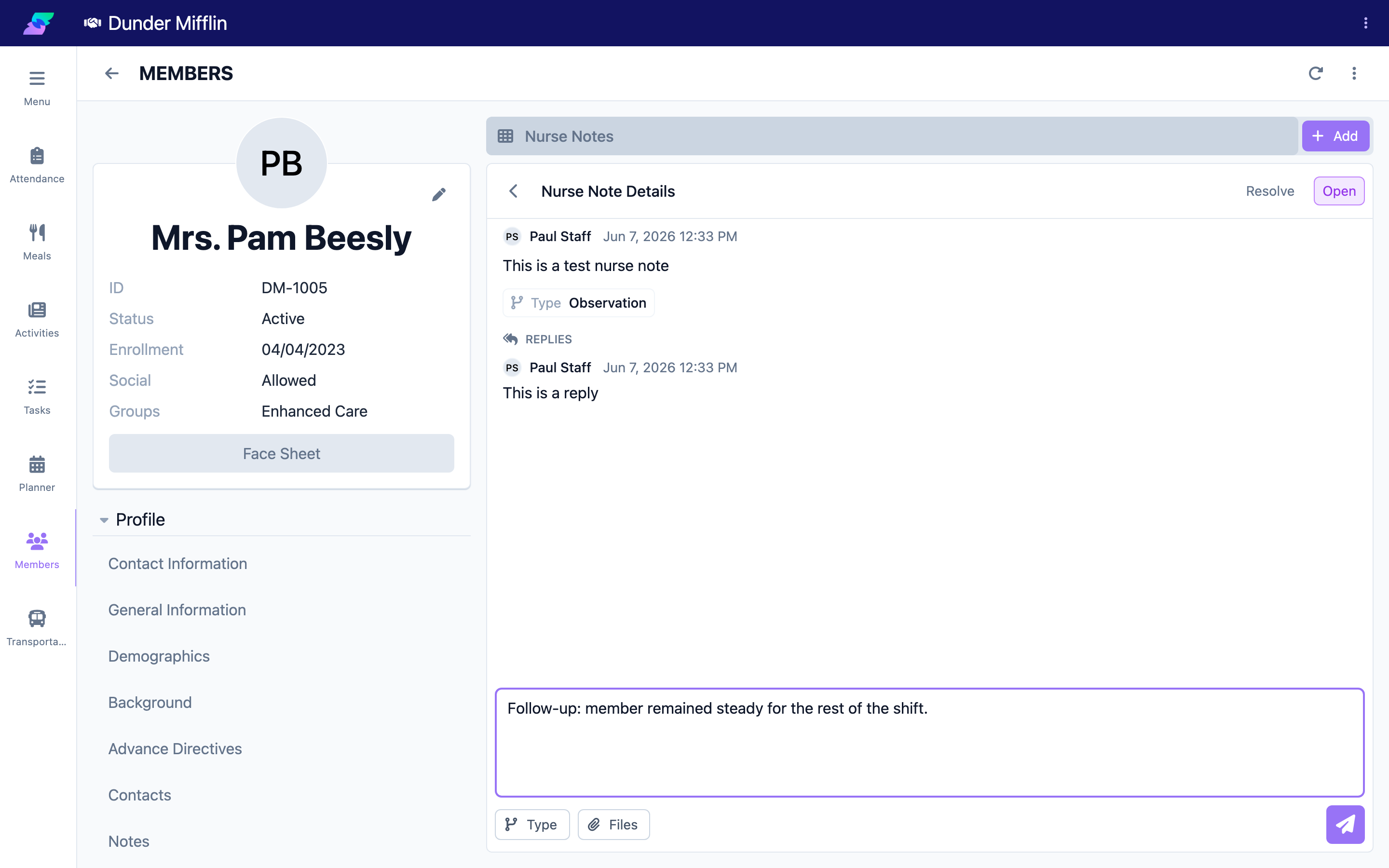 Reply to a nurse note showing the Replying To context