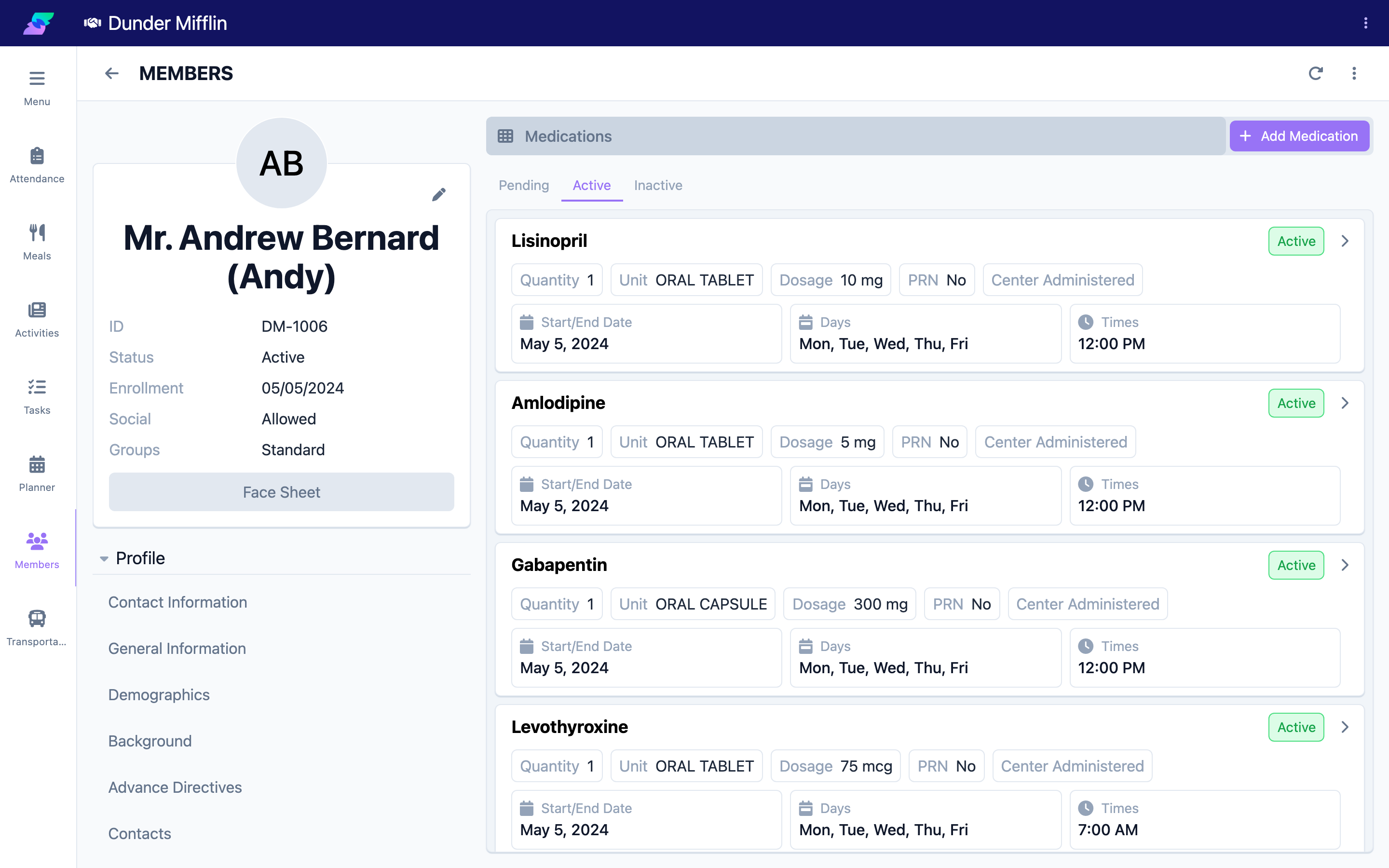 Medications tab with the Active/Inactive status filter