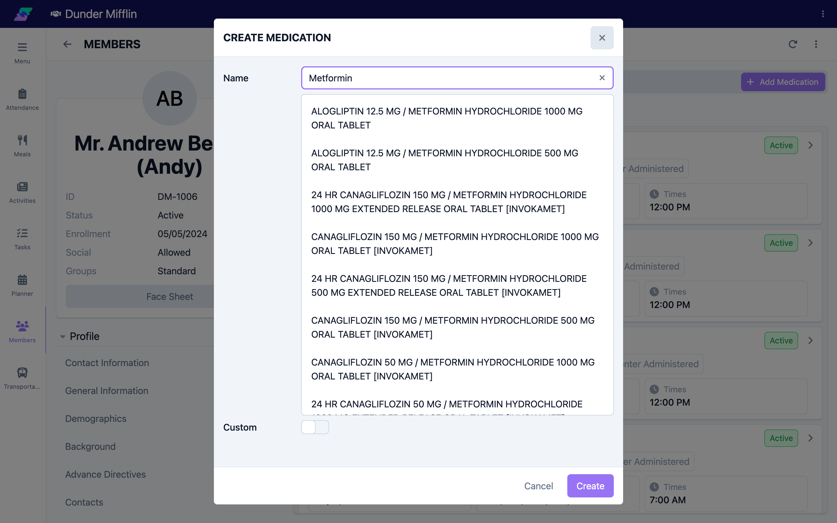 Medication form searching the formulary for a name