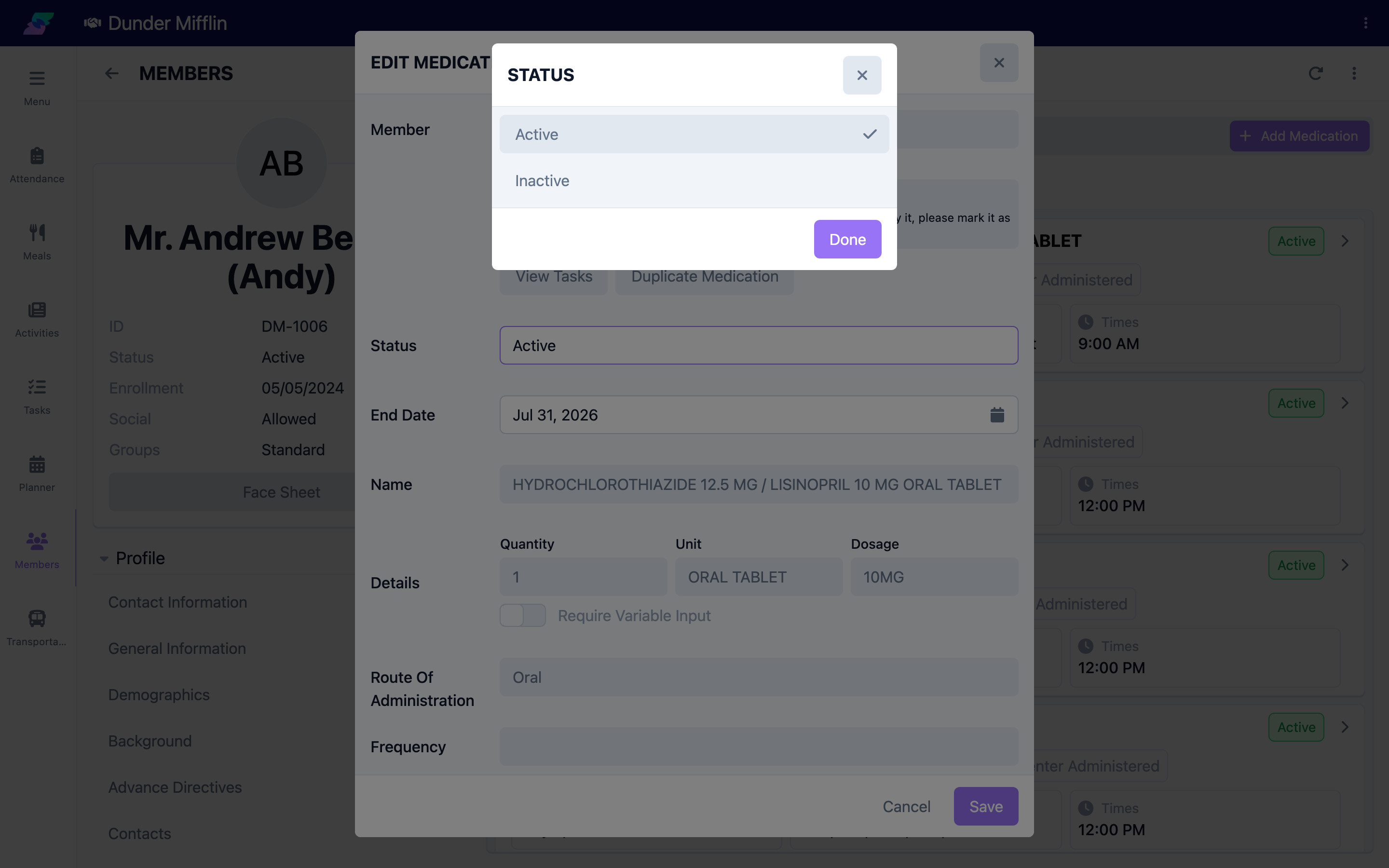 Changing a medication status to Inactive
