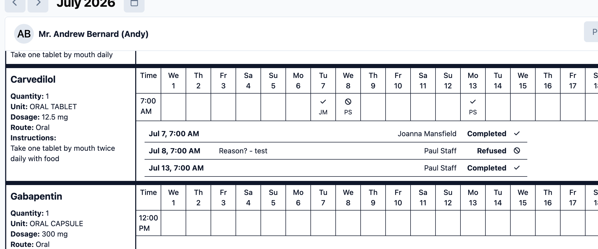 Medication row with the time-by-day grid