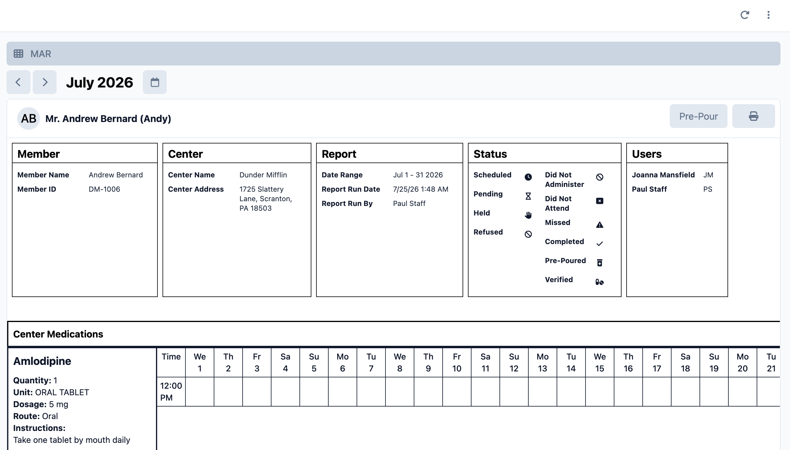 Status legend with the icons used in the grid