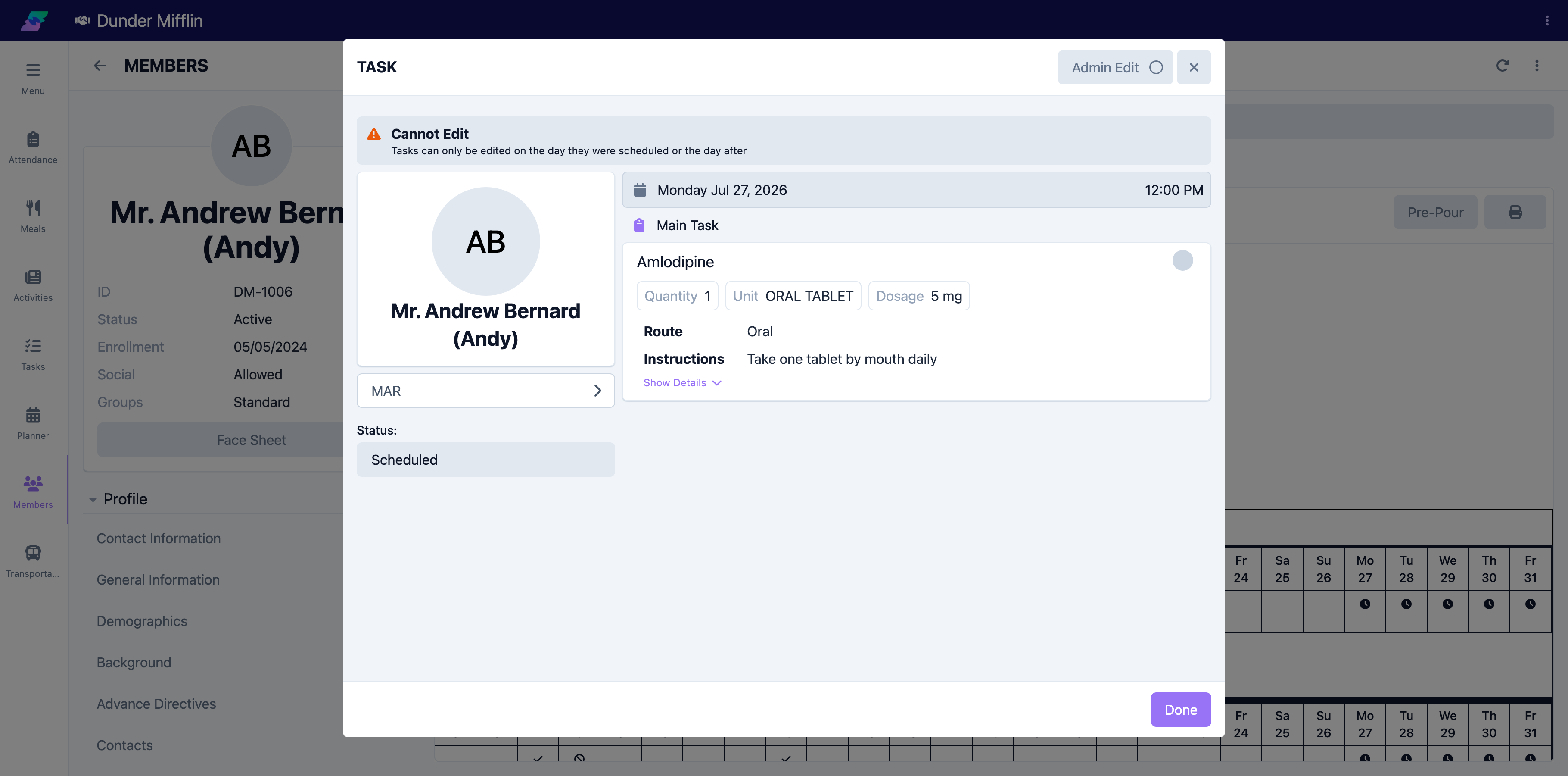 Selecting a scheduled cell to open the administration form