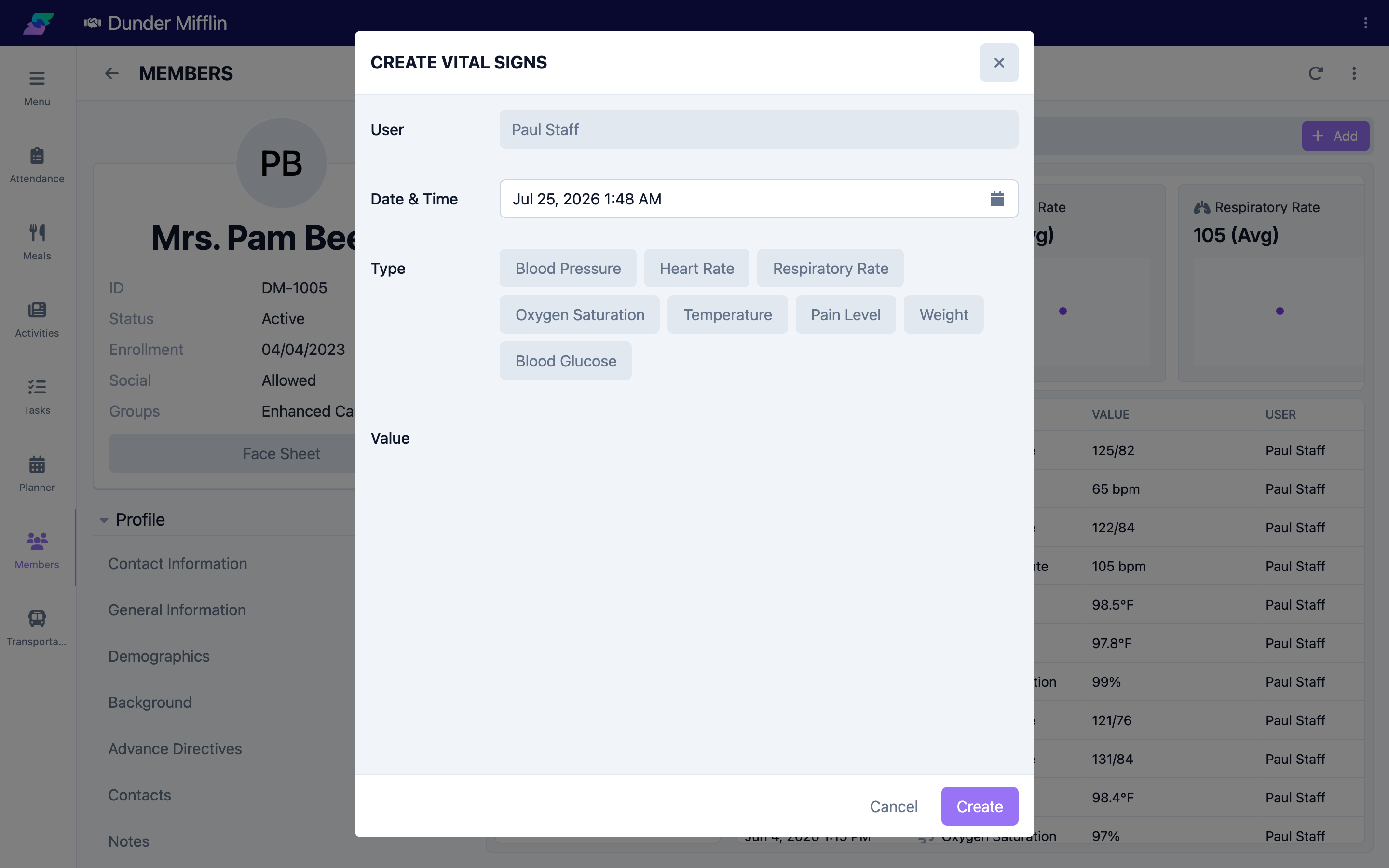 Vital Signs form with User and Date and Time populated