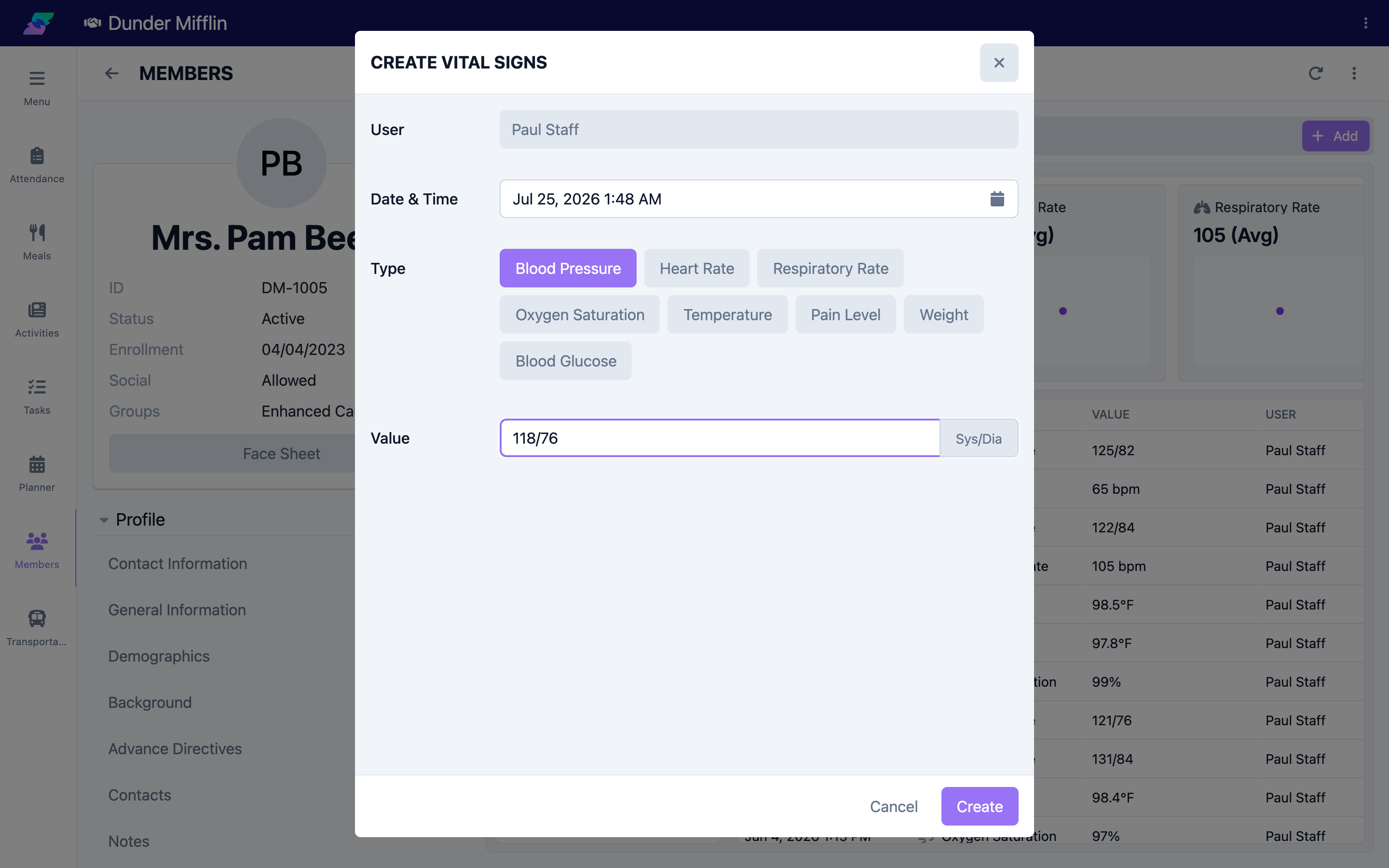 Type selected with the matching value field and unit