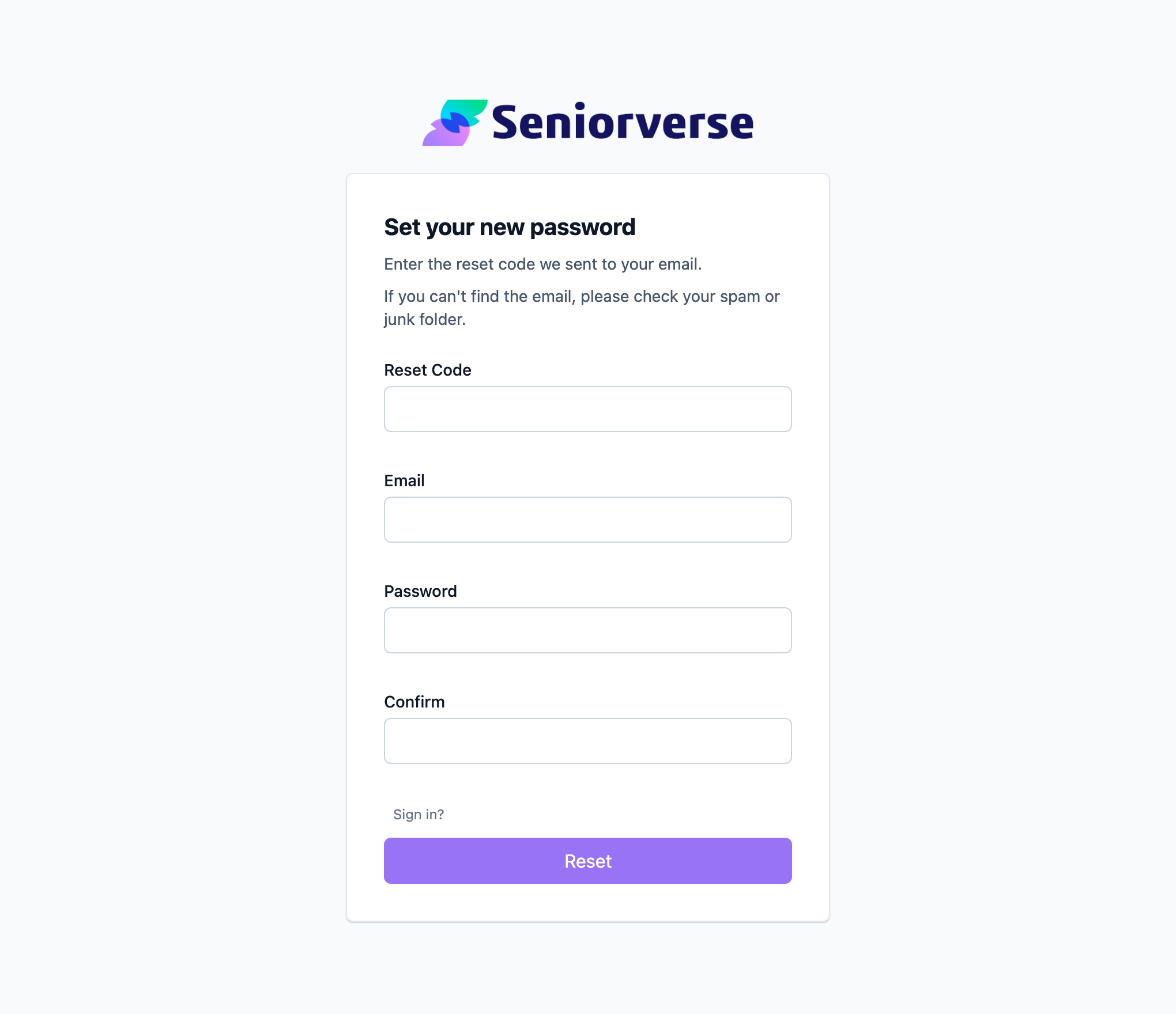 The password reset screen with the Reset Code and new password fields