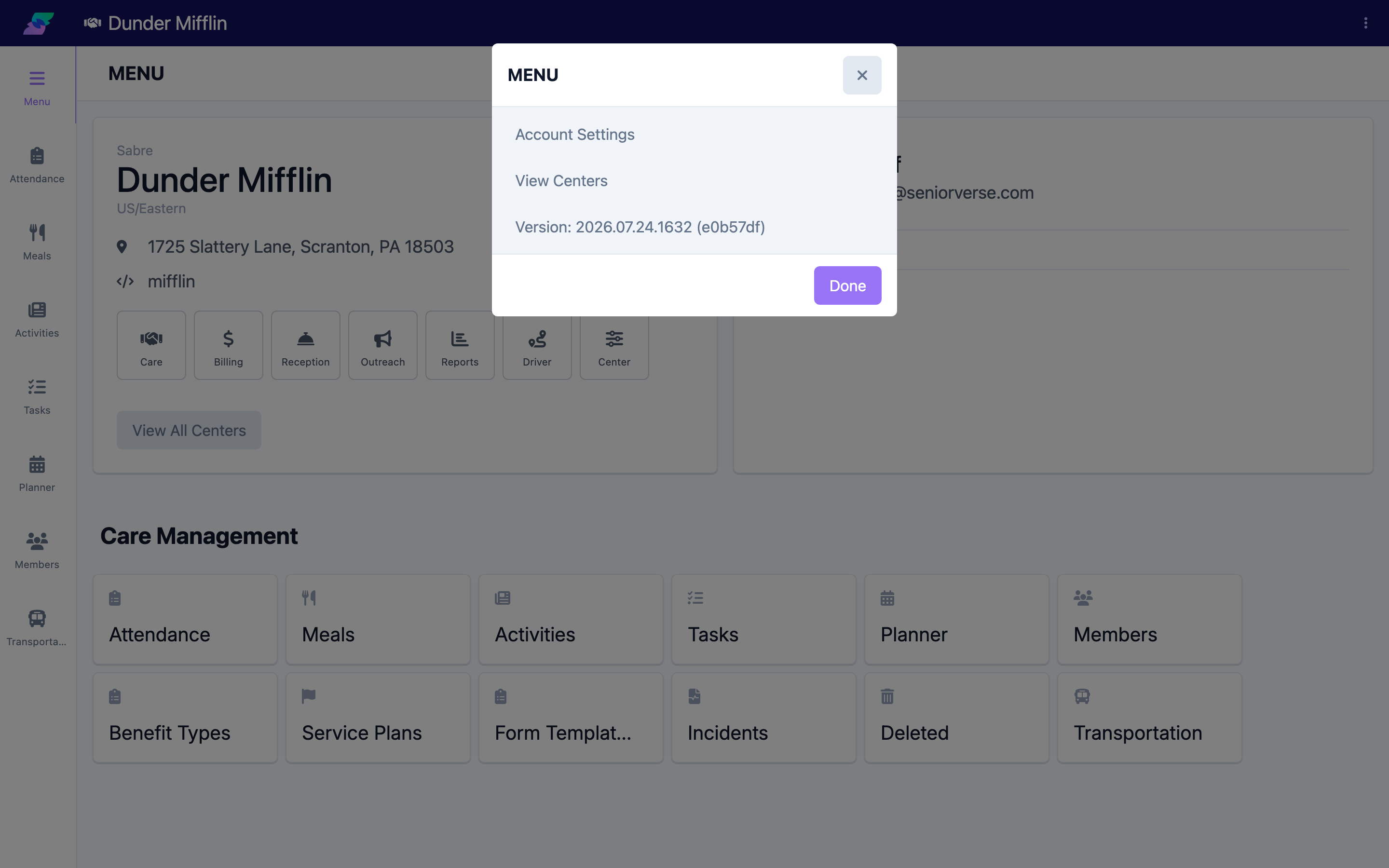 Opening Account Settings from the Menu button