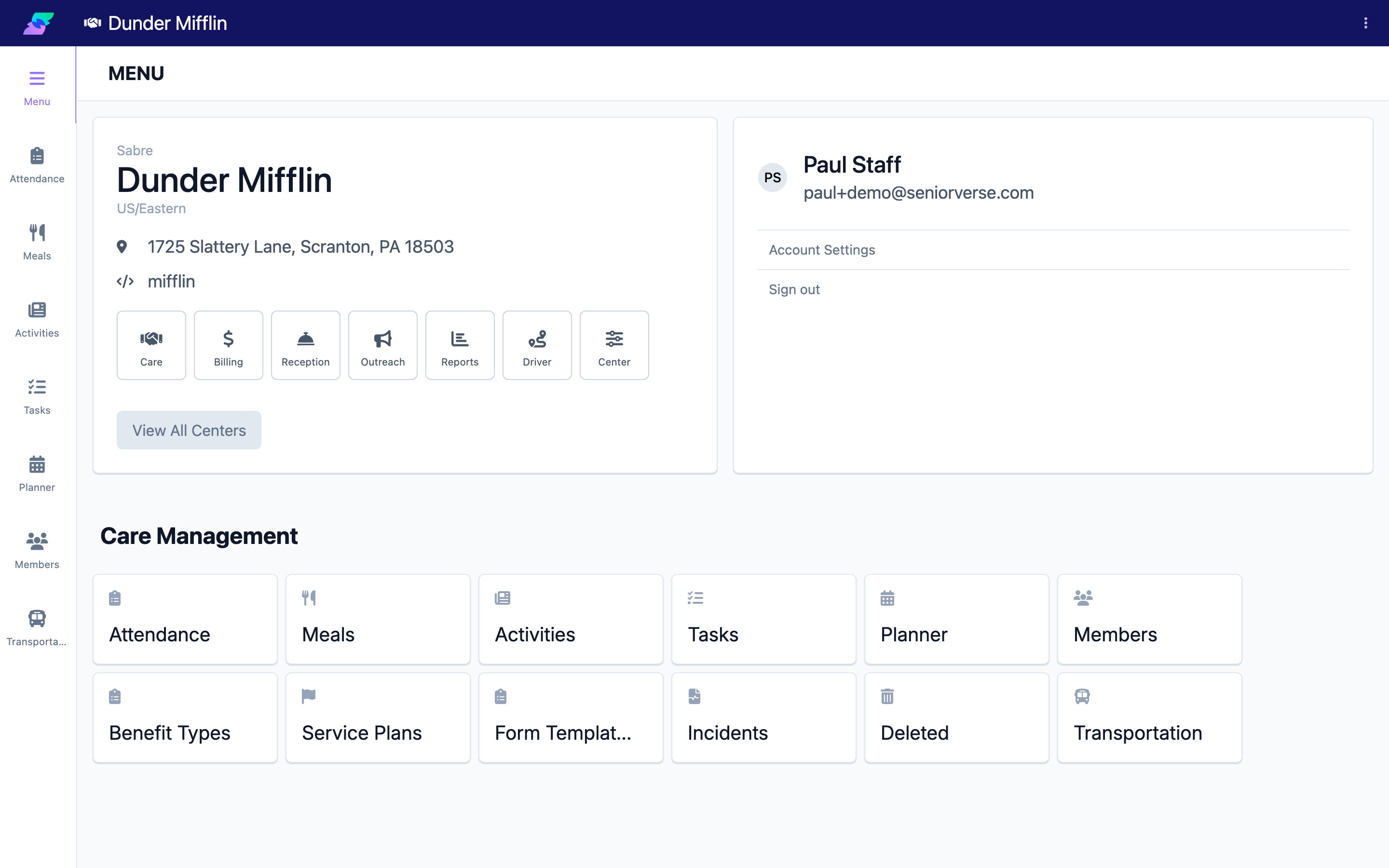 The center Menu page showing the module card and your profile card