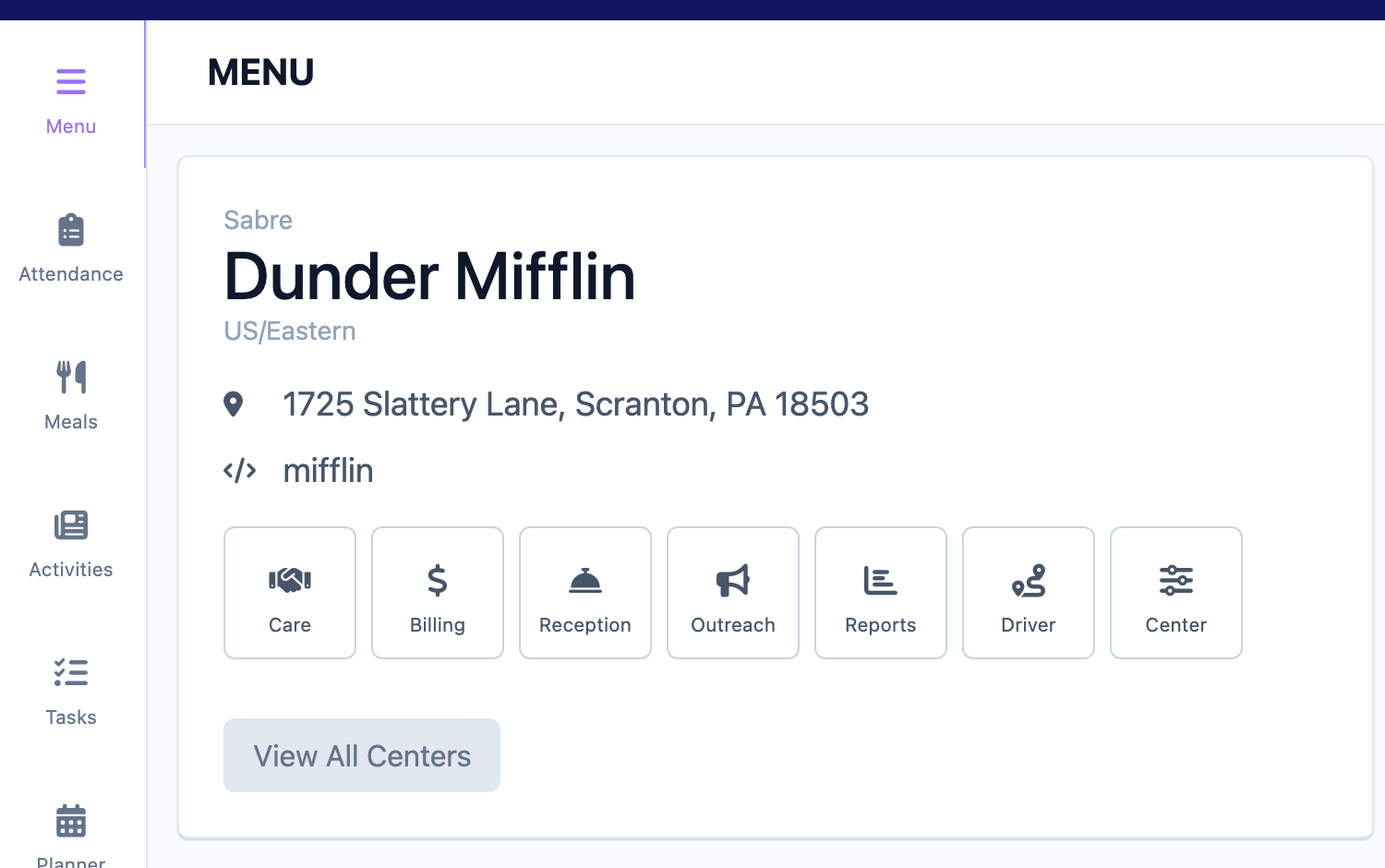 The Care module sidebar with its pages