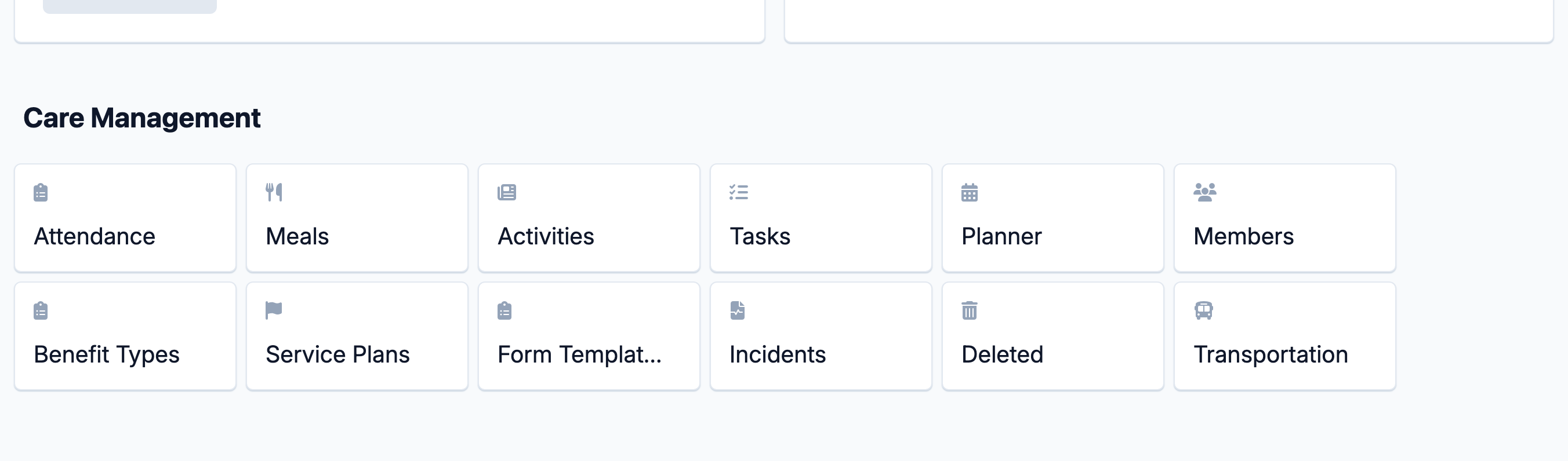 The Care Management grid on the Menu page