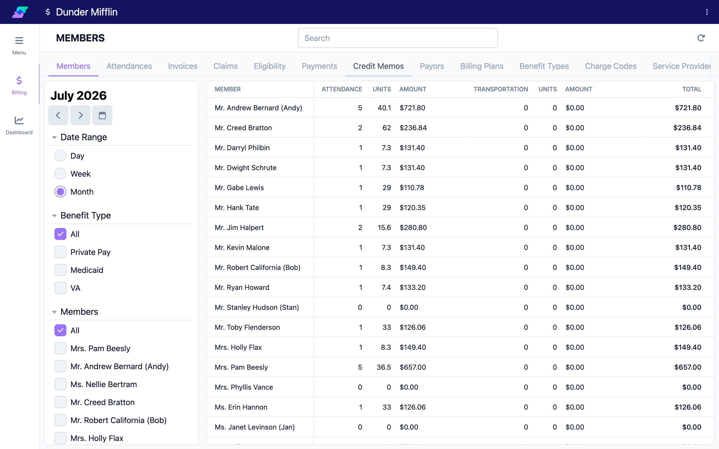 The Billing module with its tabs