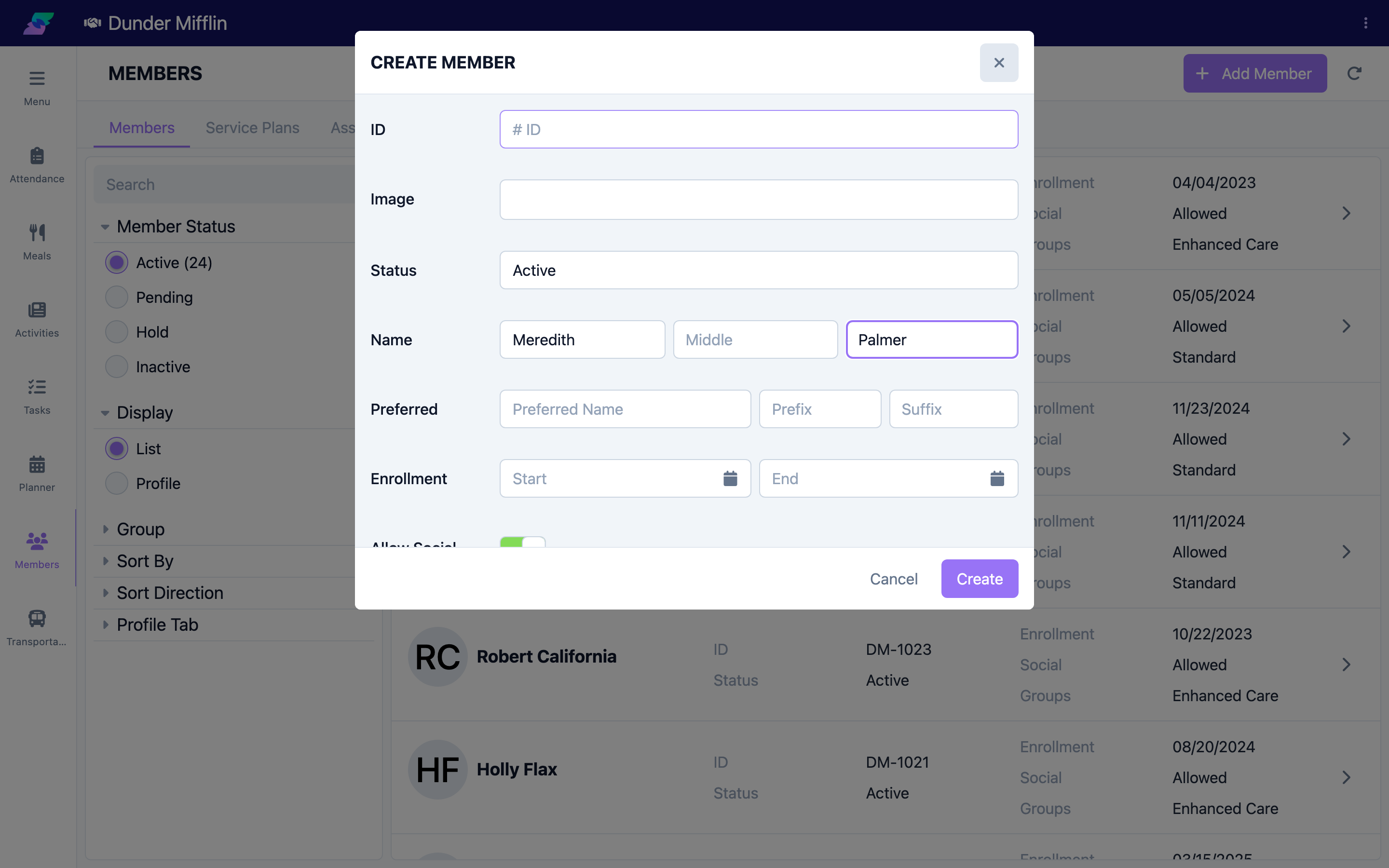 First and last name fields on the Add Member form