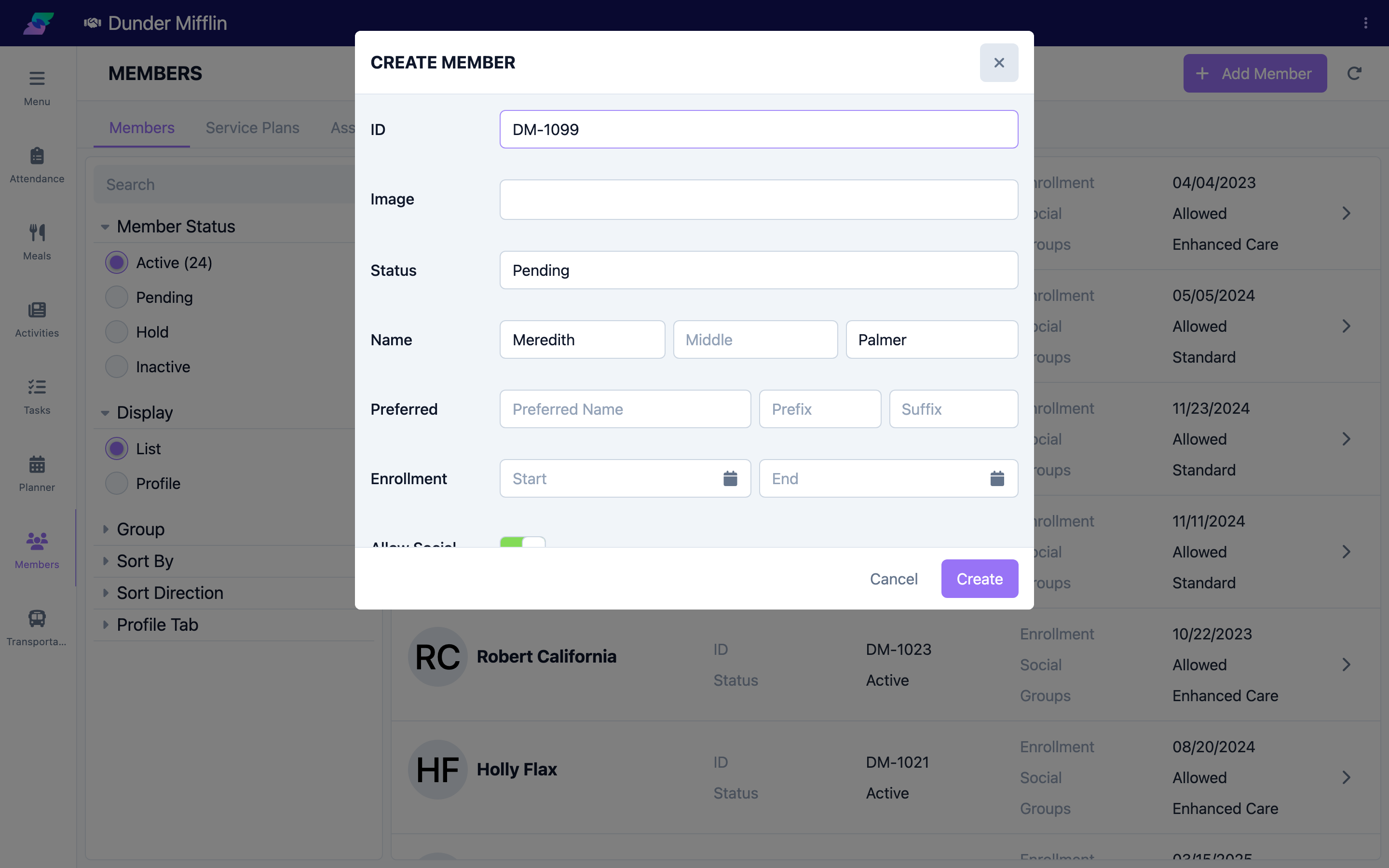 Optional fields including ID, photo, status, and enrollment
