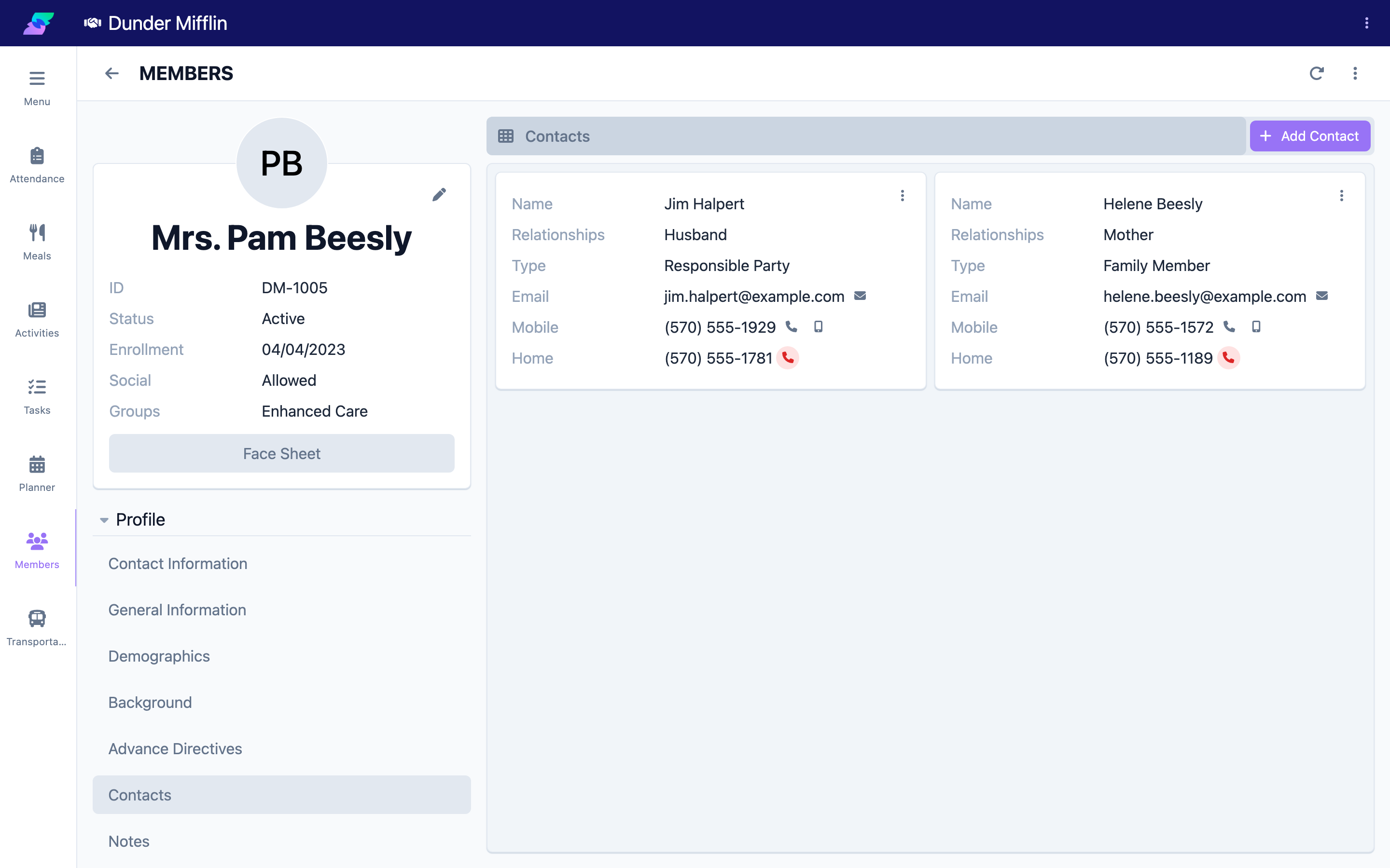 Contacts tab in the member profile