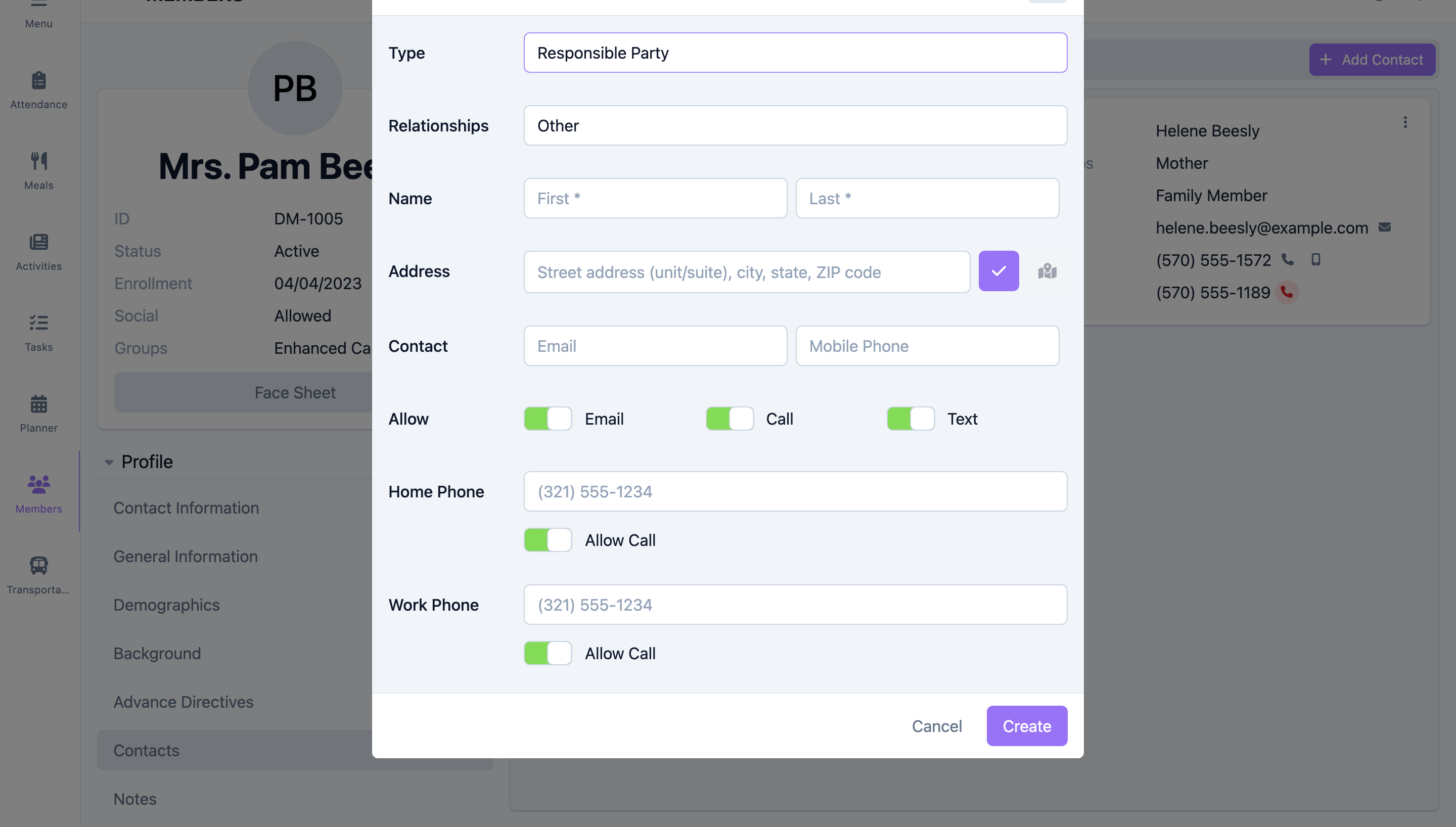 Add Contact form with Type and Relationships