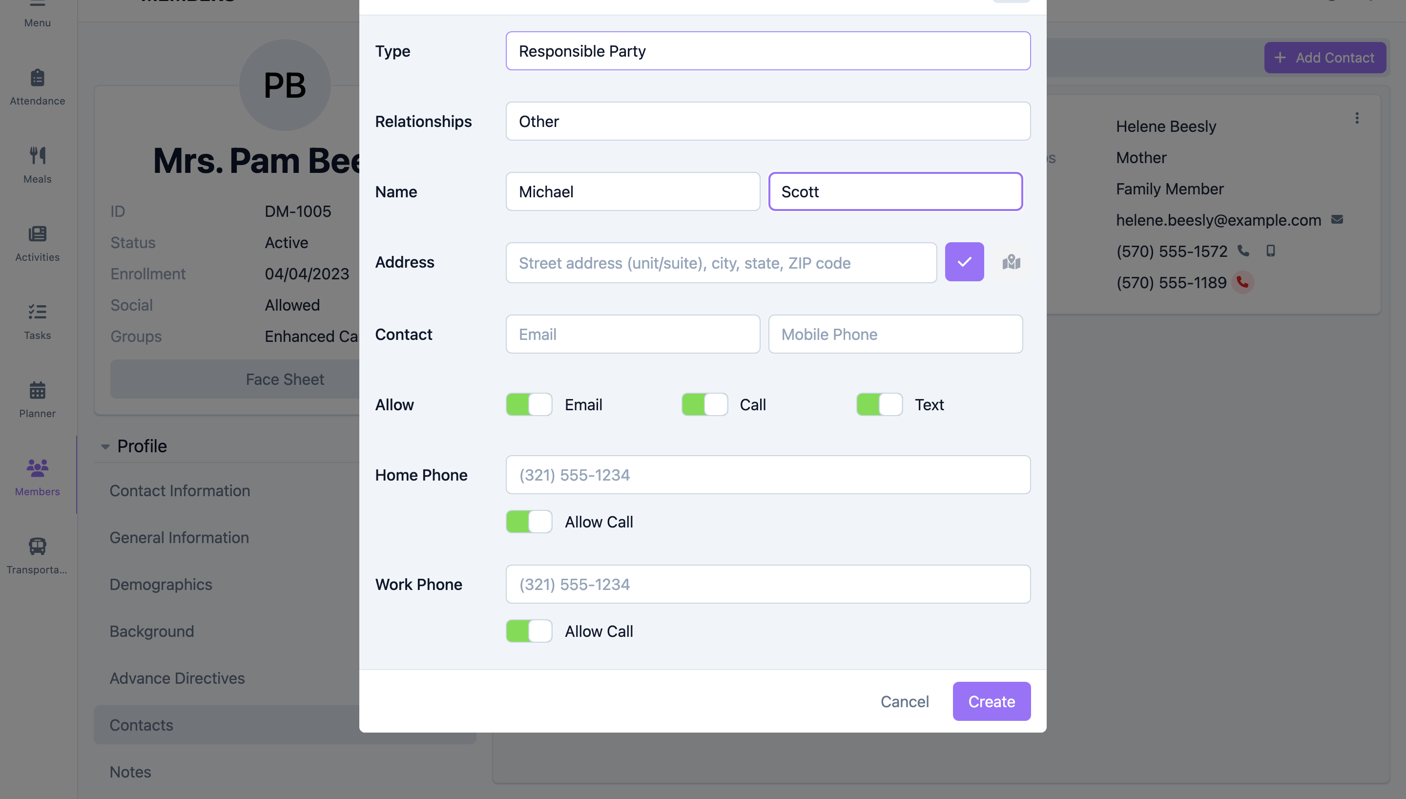 Name and address fields on the contact form