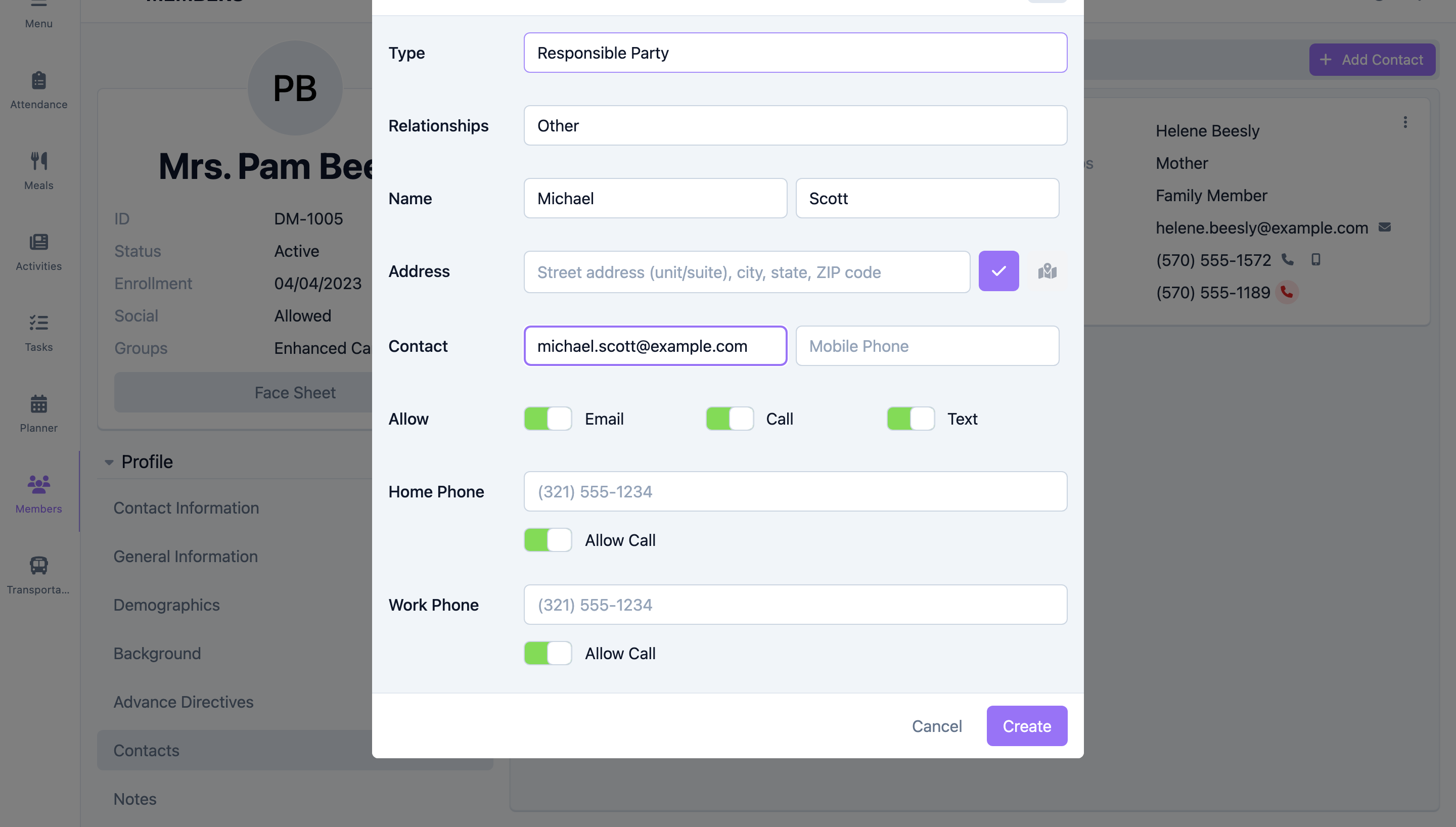 Phone, email, and Allow preference toggles