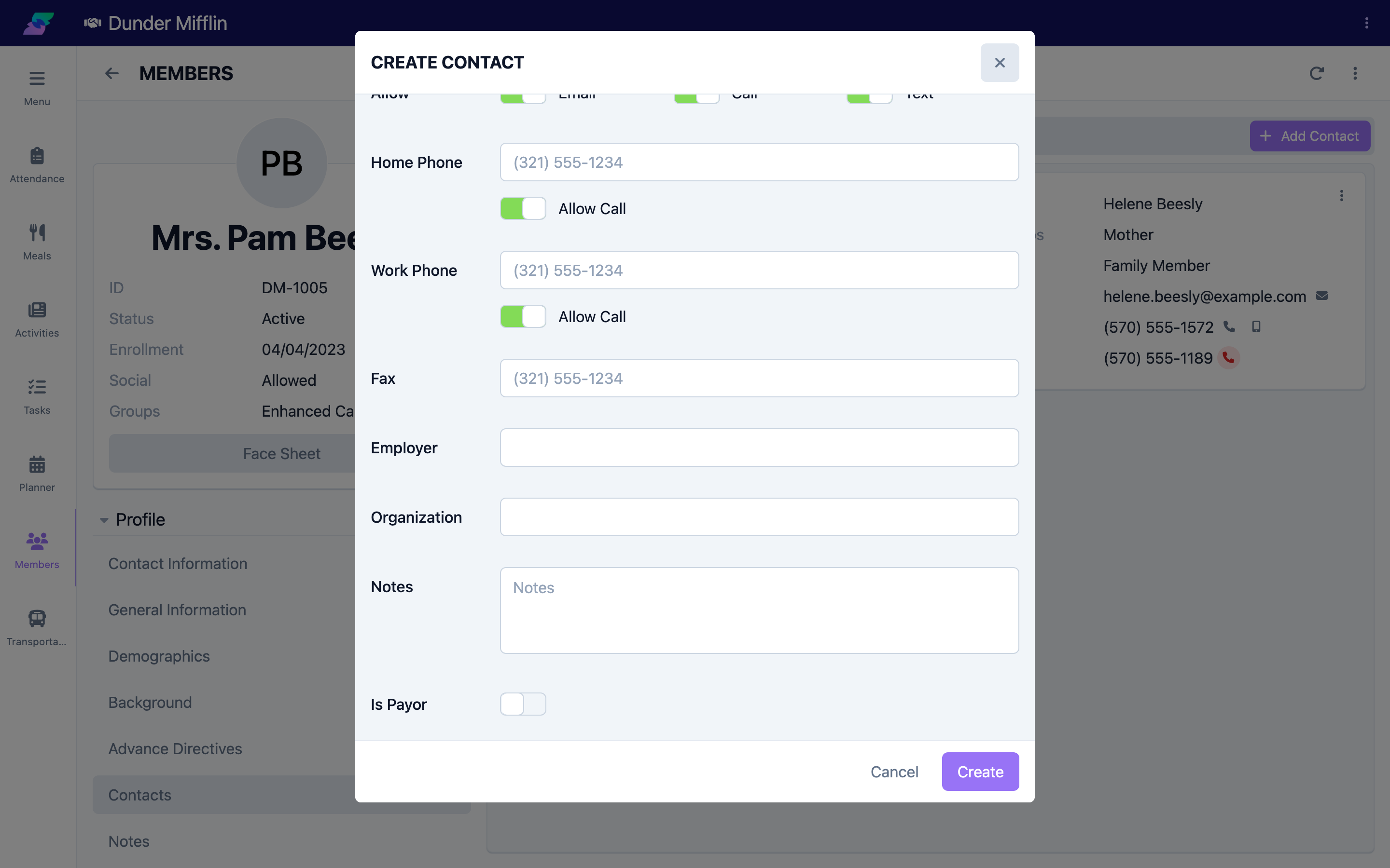 Fax, employer, organization, notes, and Is Payor toggle