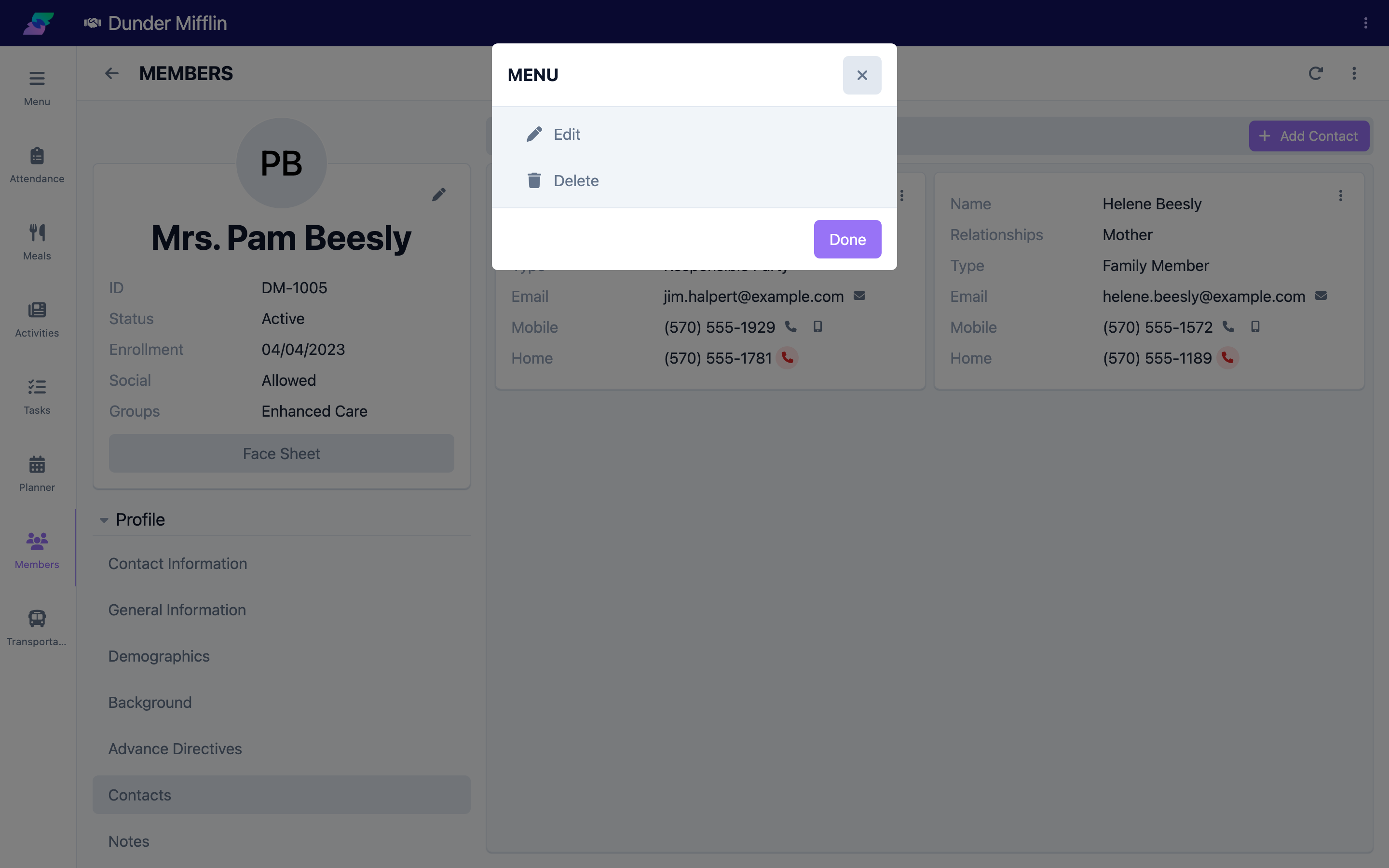 Contact card with Edit and Delete actions