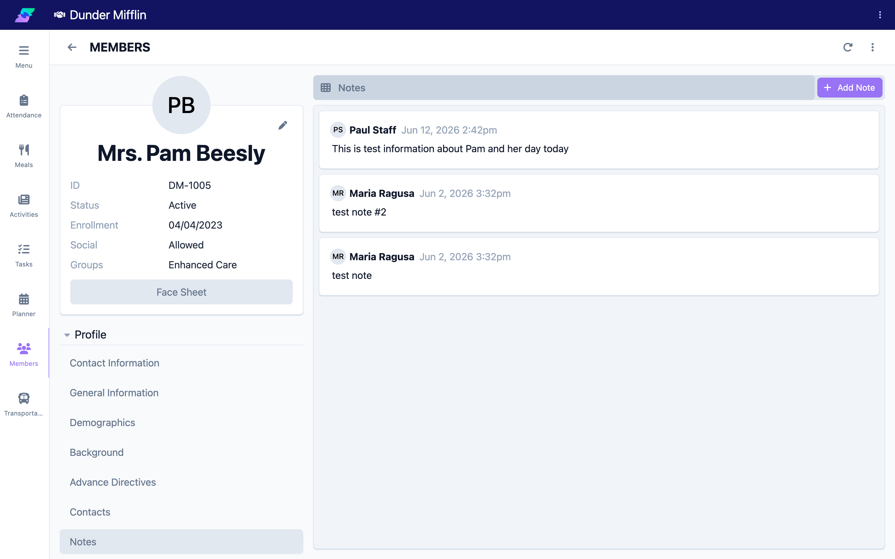 Notes tab in the member profile