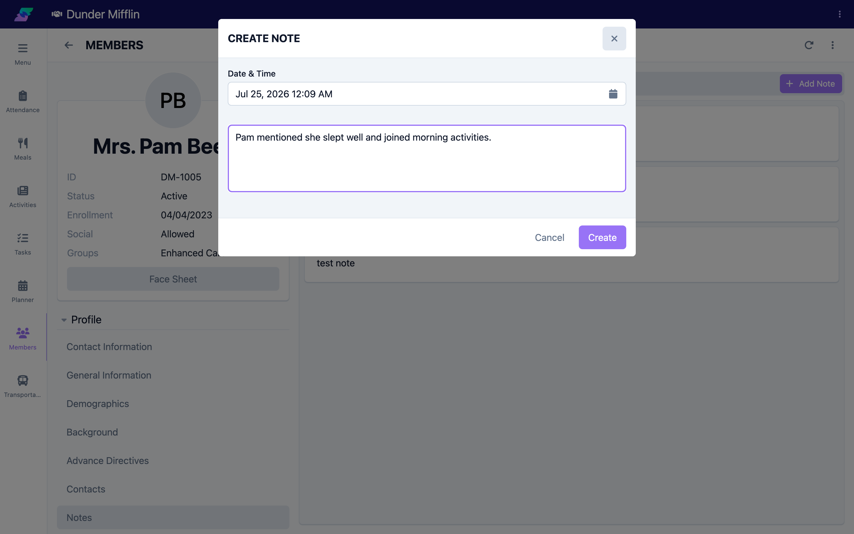 Note form with content and Date & Time