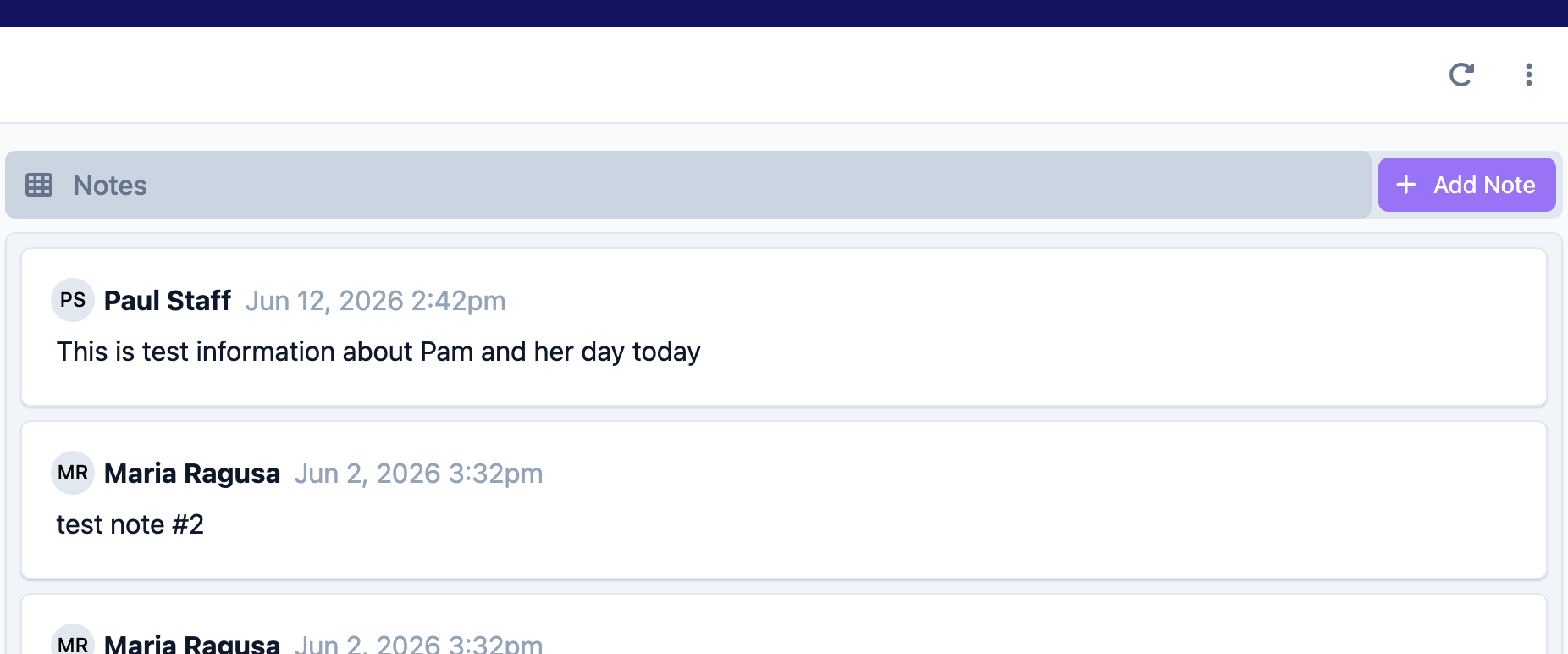 Saved note showing author and timestamp