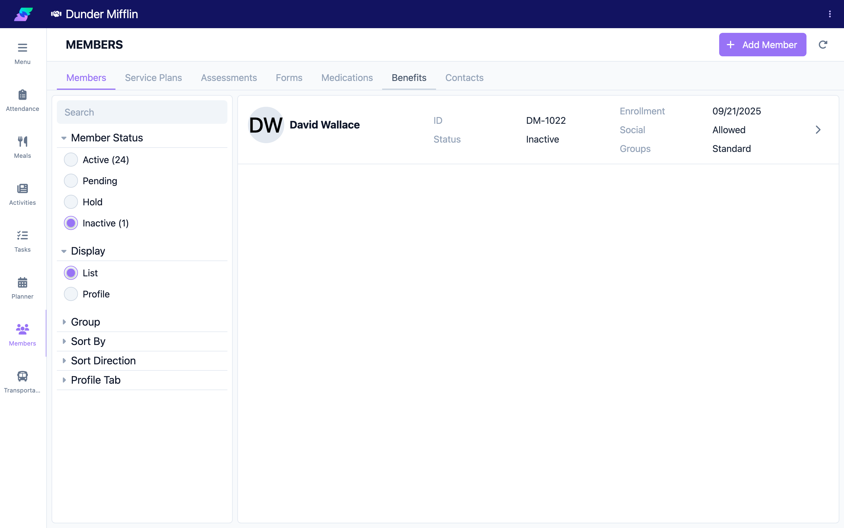 Inactive status tab showing archived members