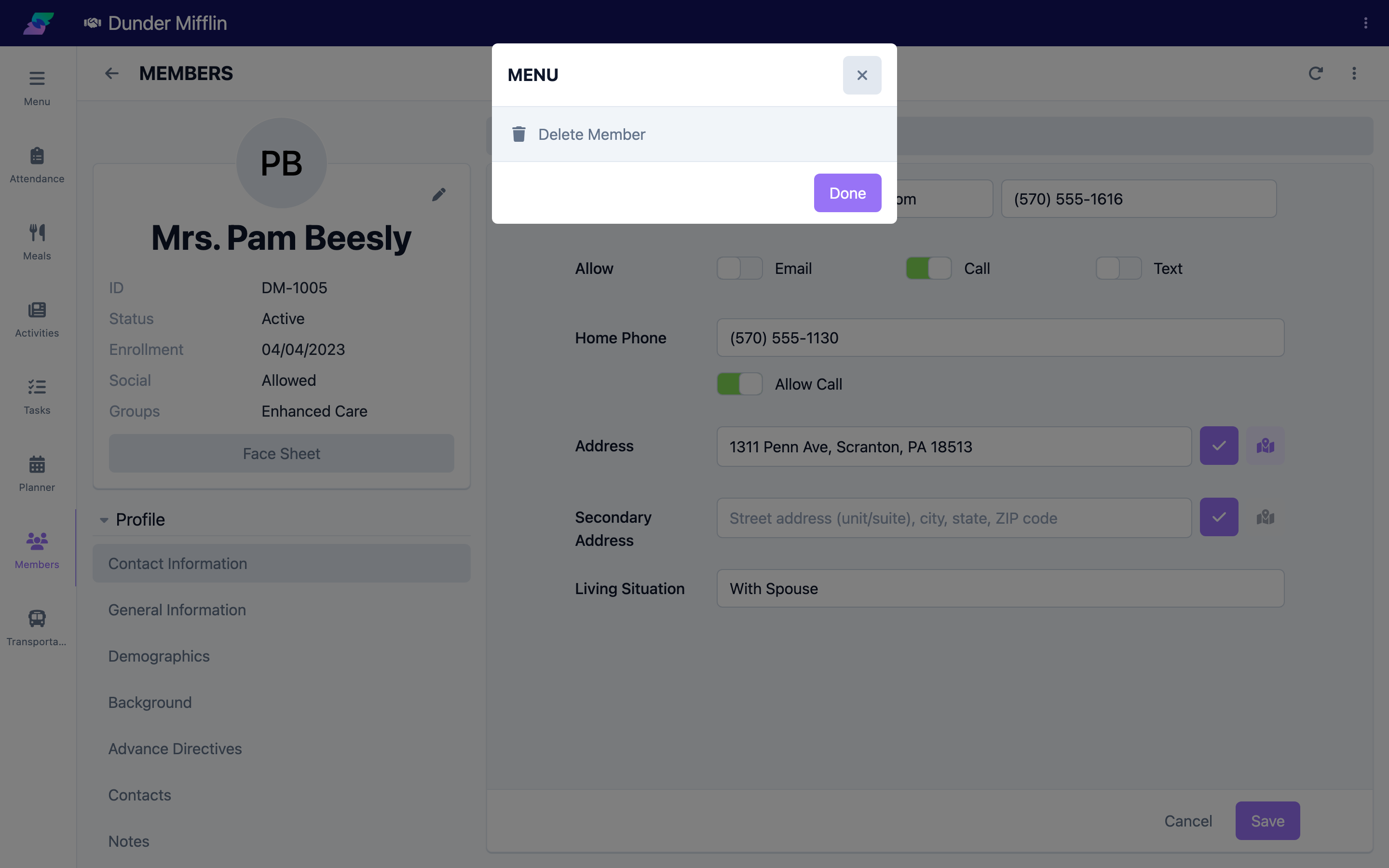 Delete Member option in the profile menu