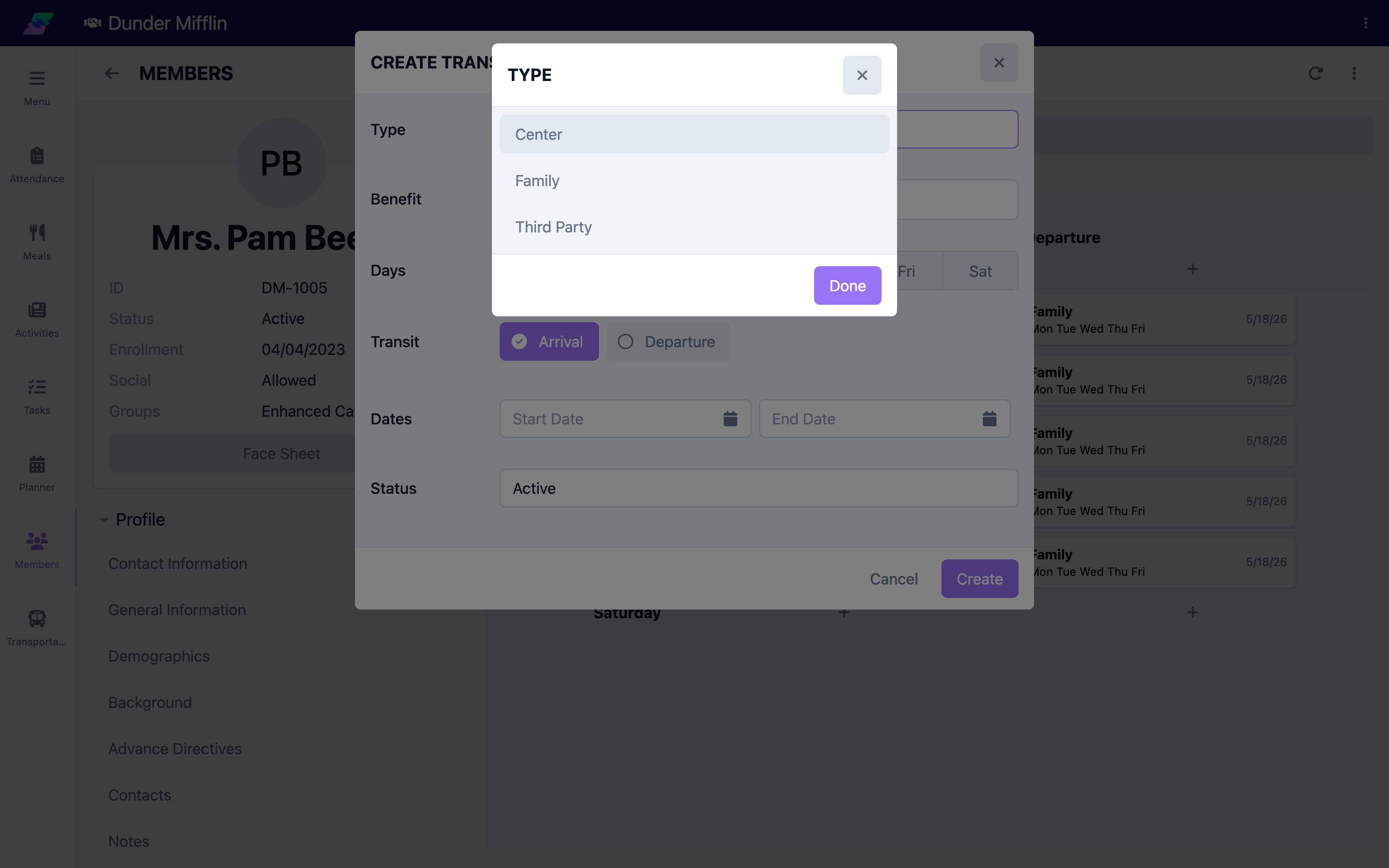 Add Transportation form with the Type dropdown