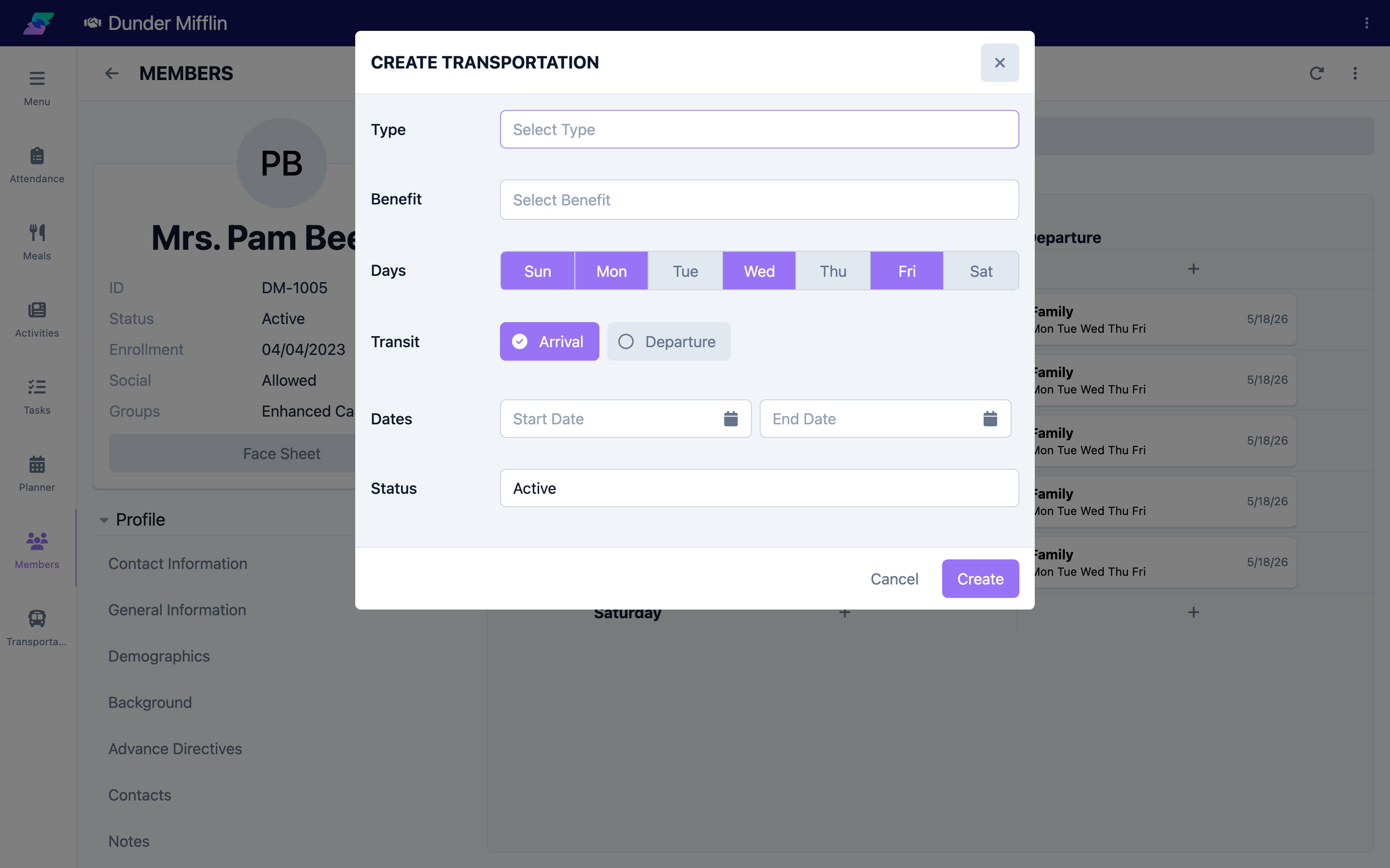 Days selector on the transportation form