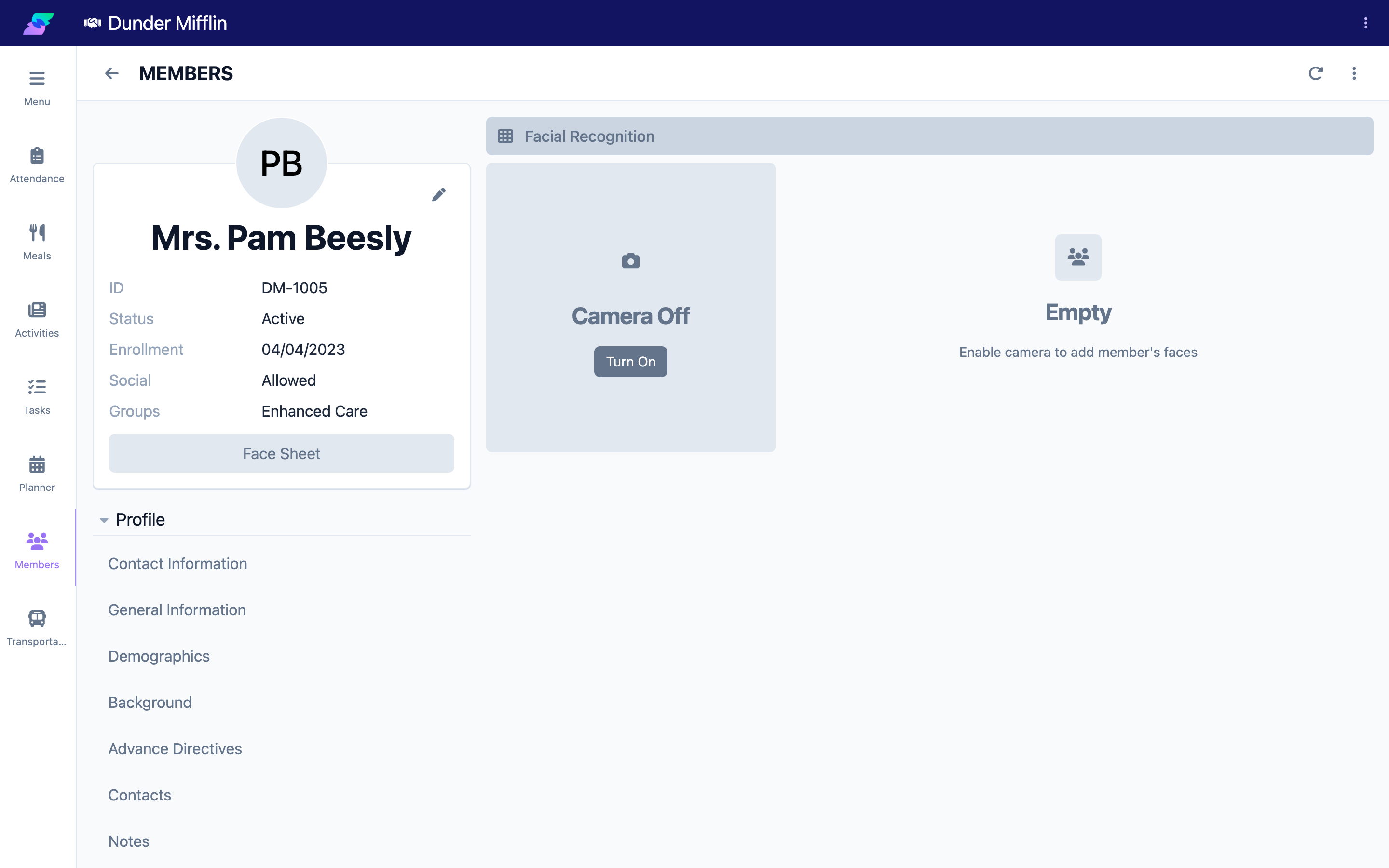 Facial Recognition tab with the camera and enrolled faces