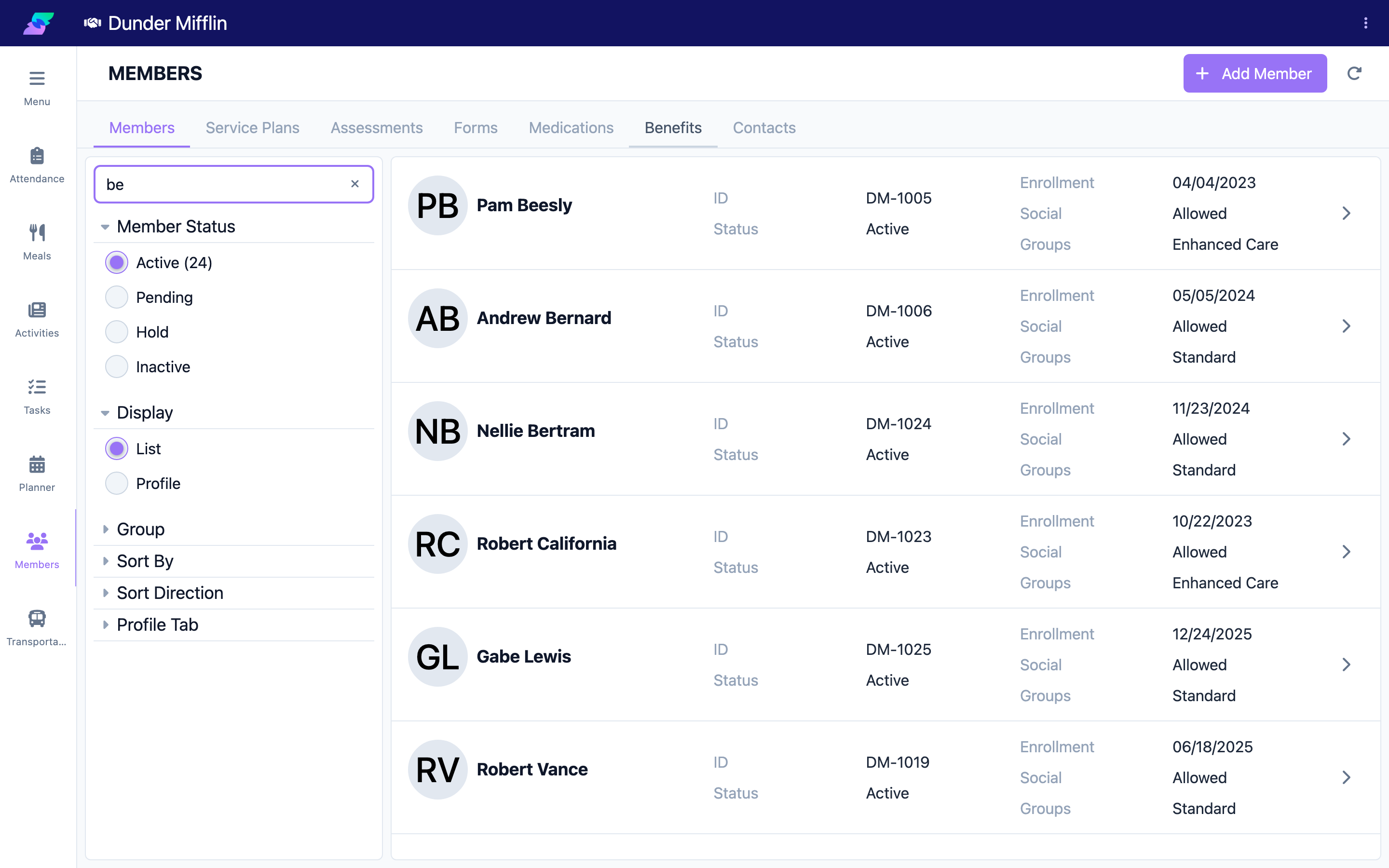 Searching the members list by name