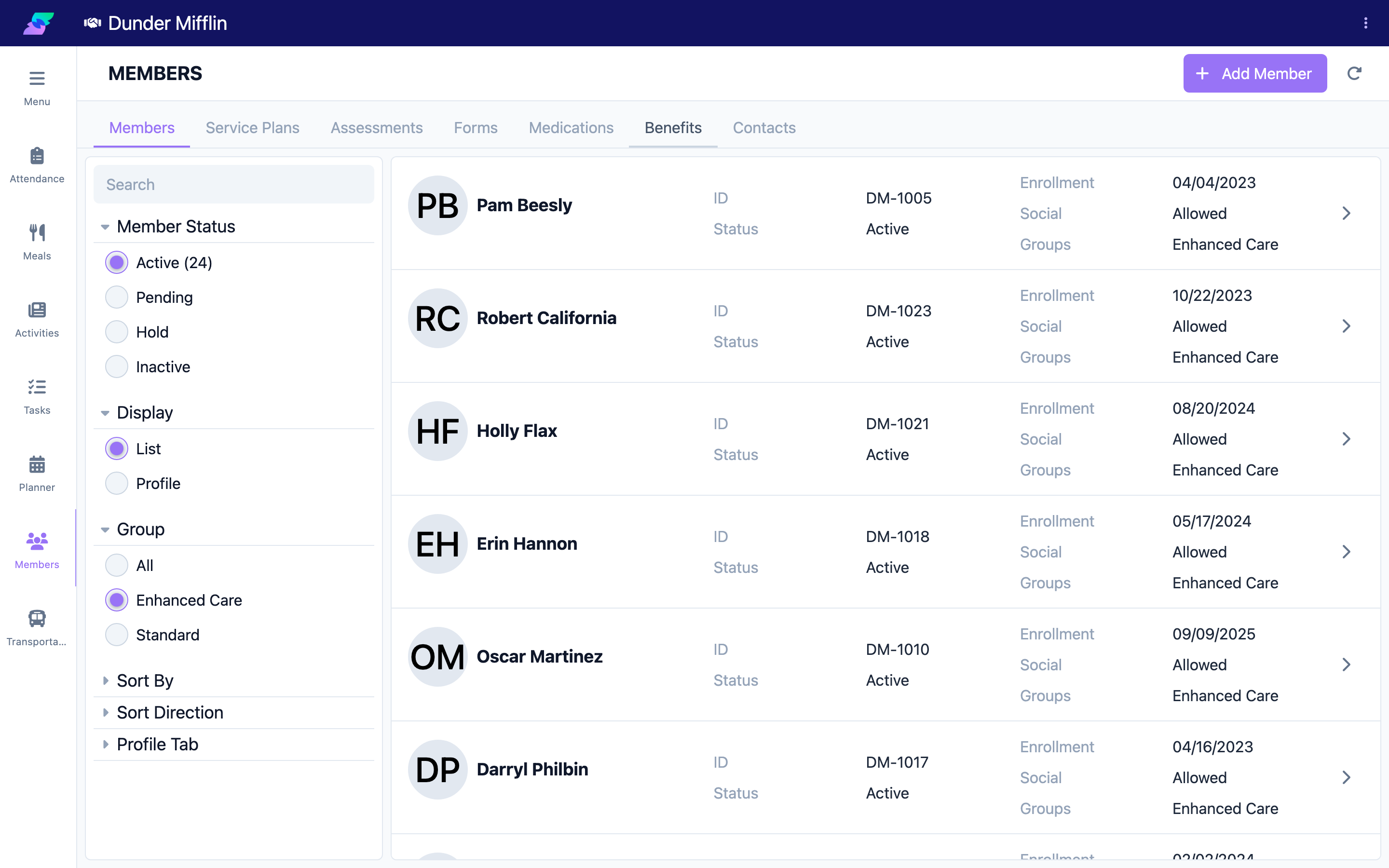 Groups filter applied to the members list