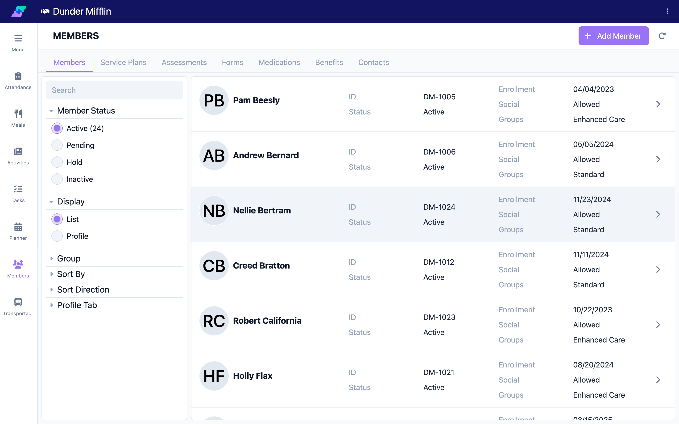 Opening a member profile from the list