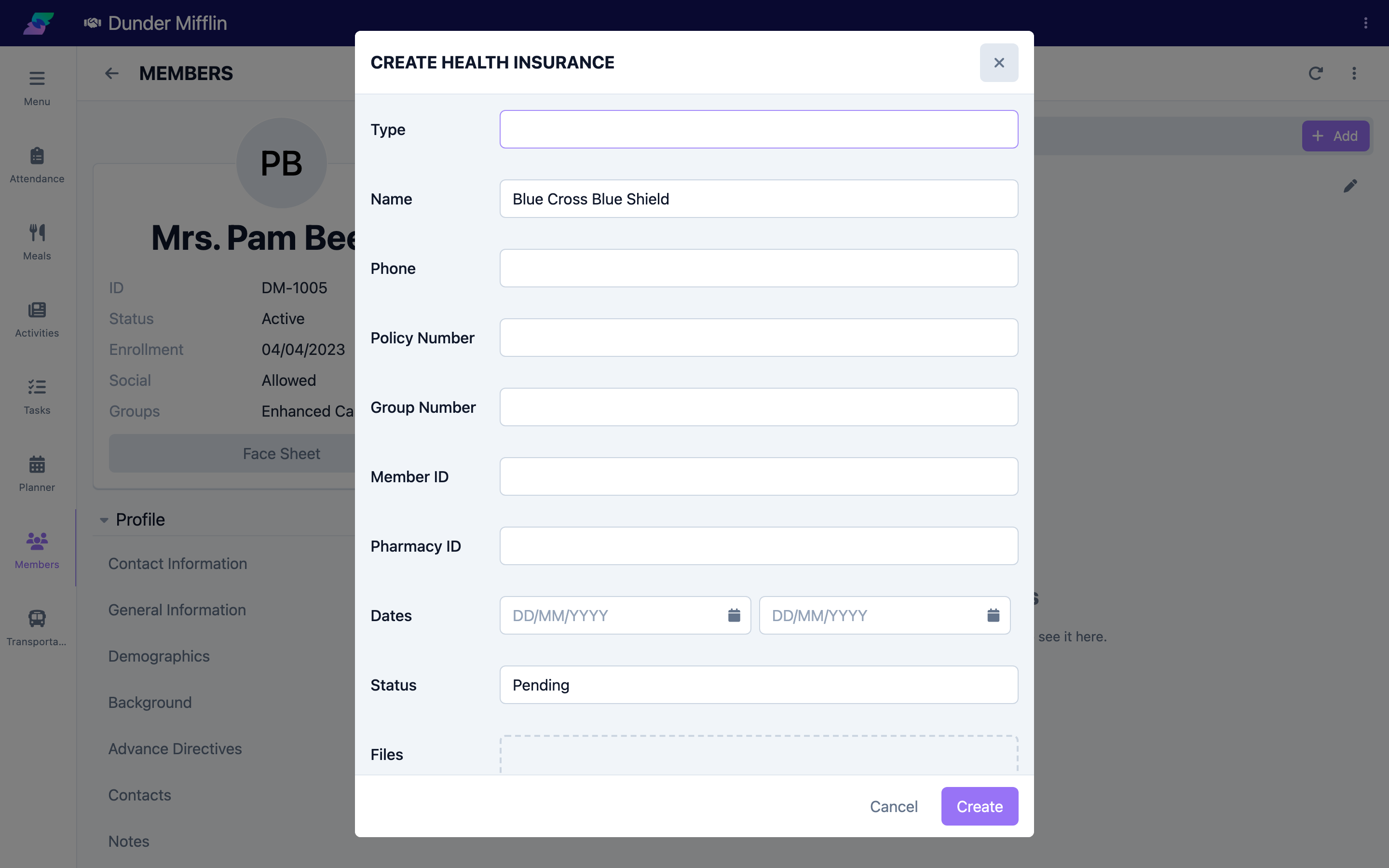 Add insurance form with Type and Name