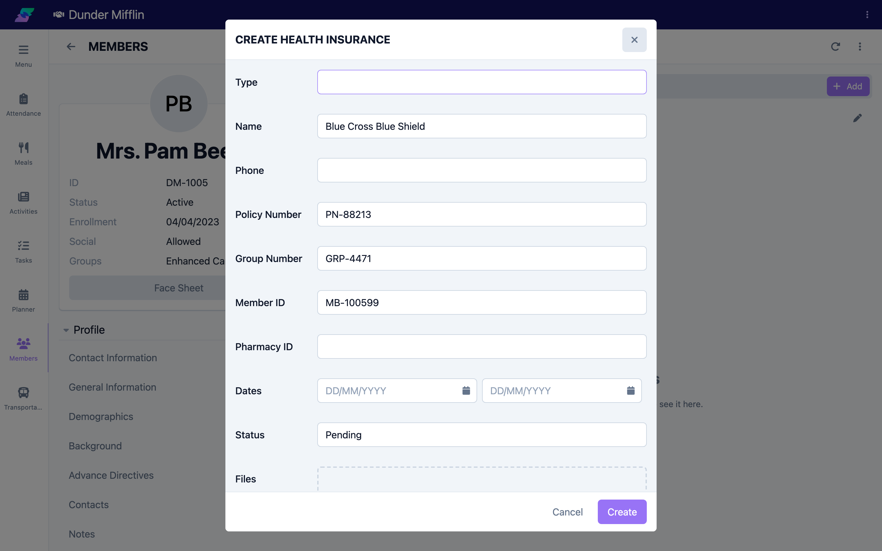 Policy number, group number, and member ID fields