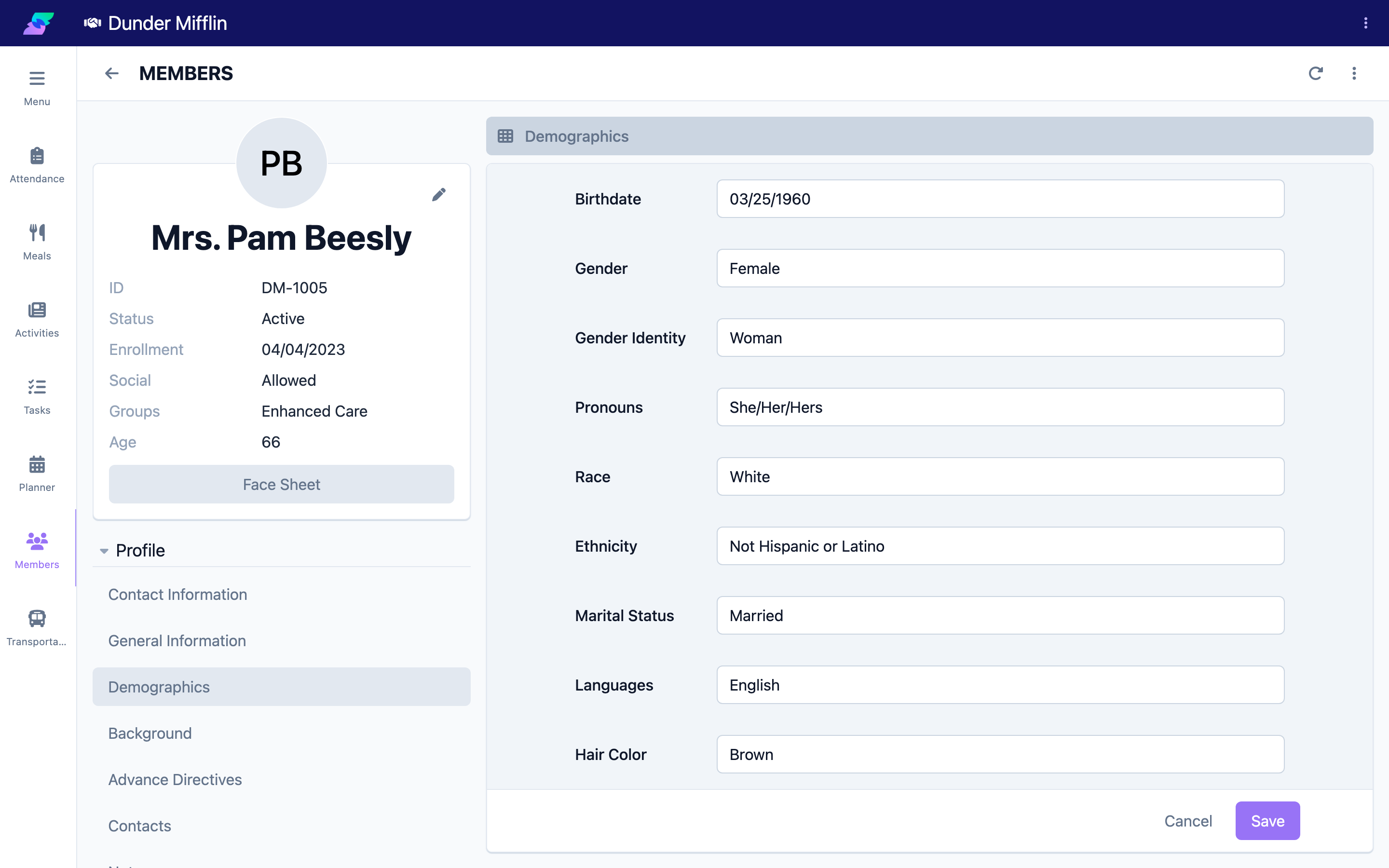 Demographics tab in the member profile