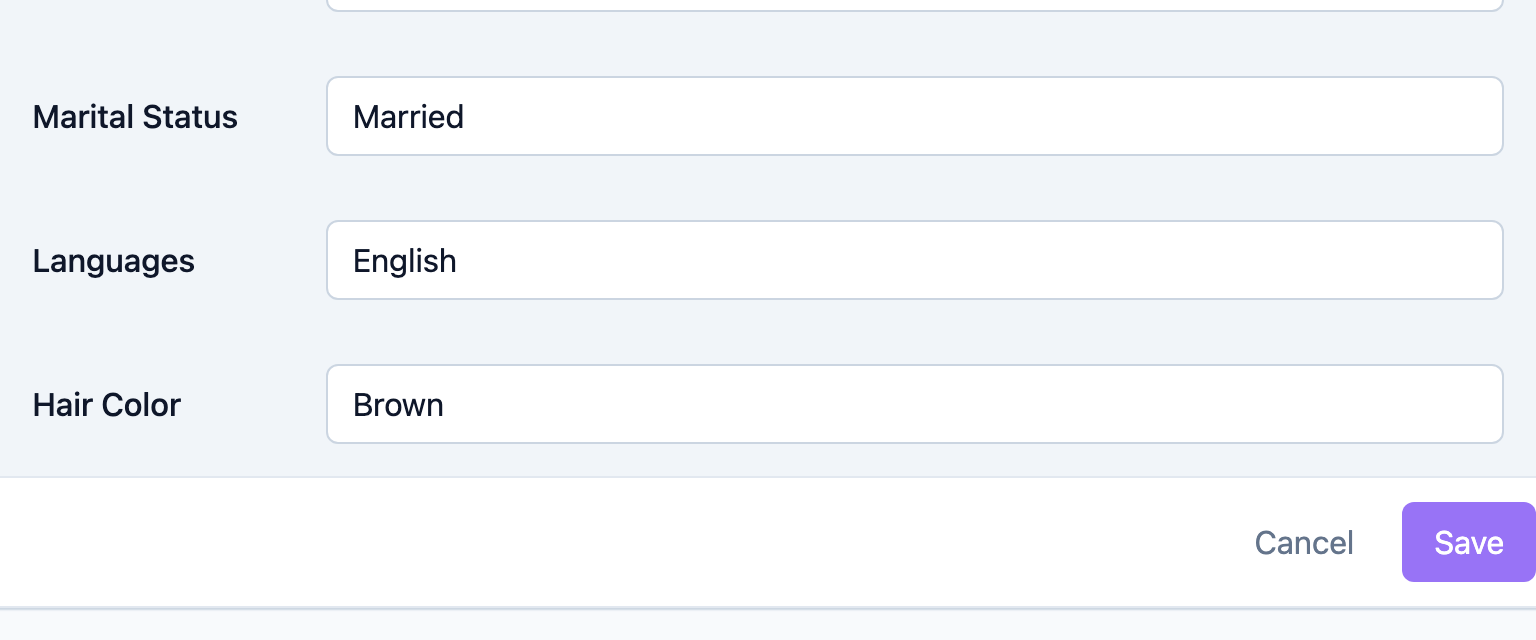 Languages, hair color, and eye color fields