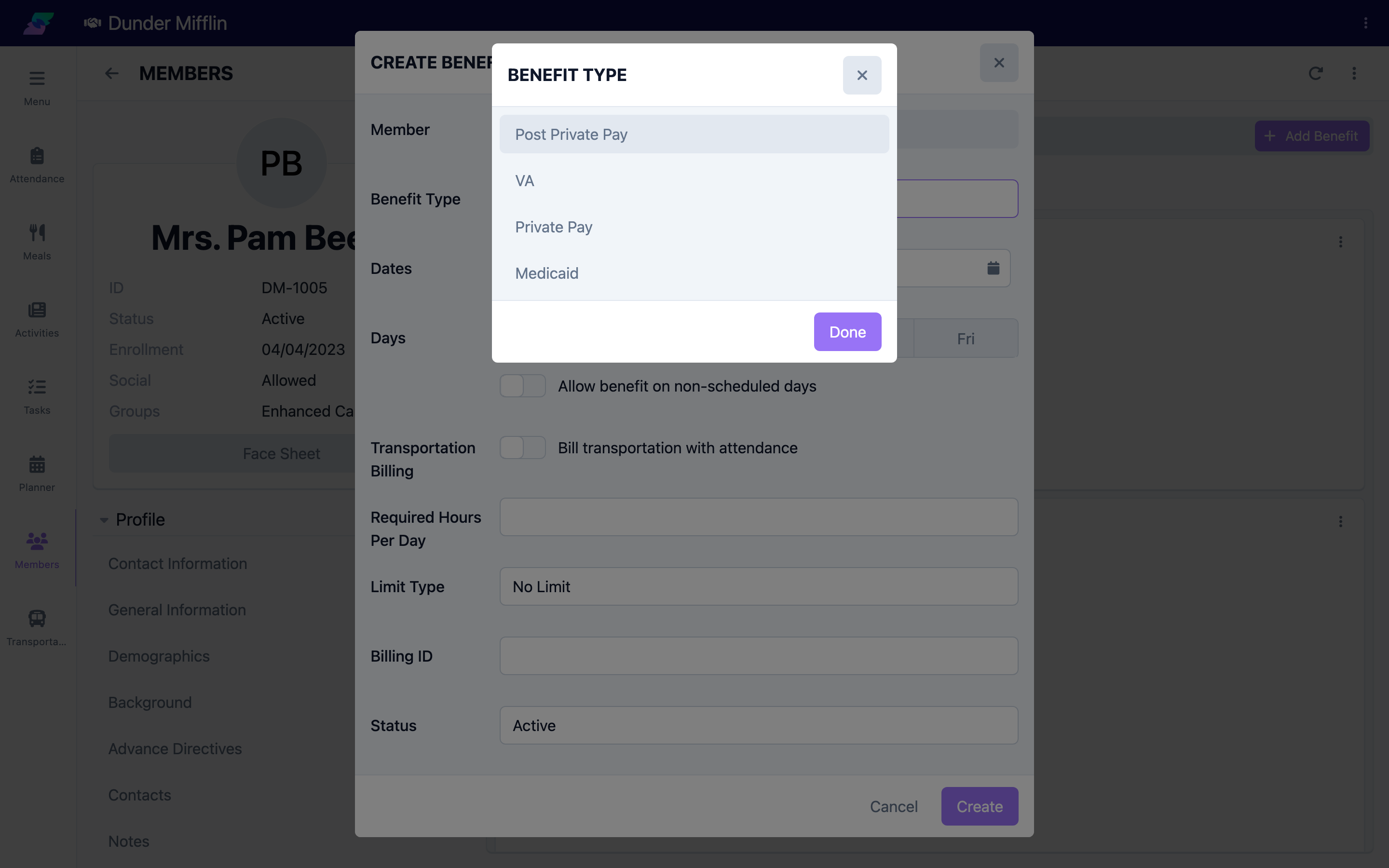Add Benefit form with the Benefit Type dropdown open