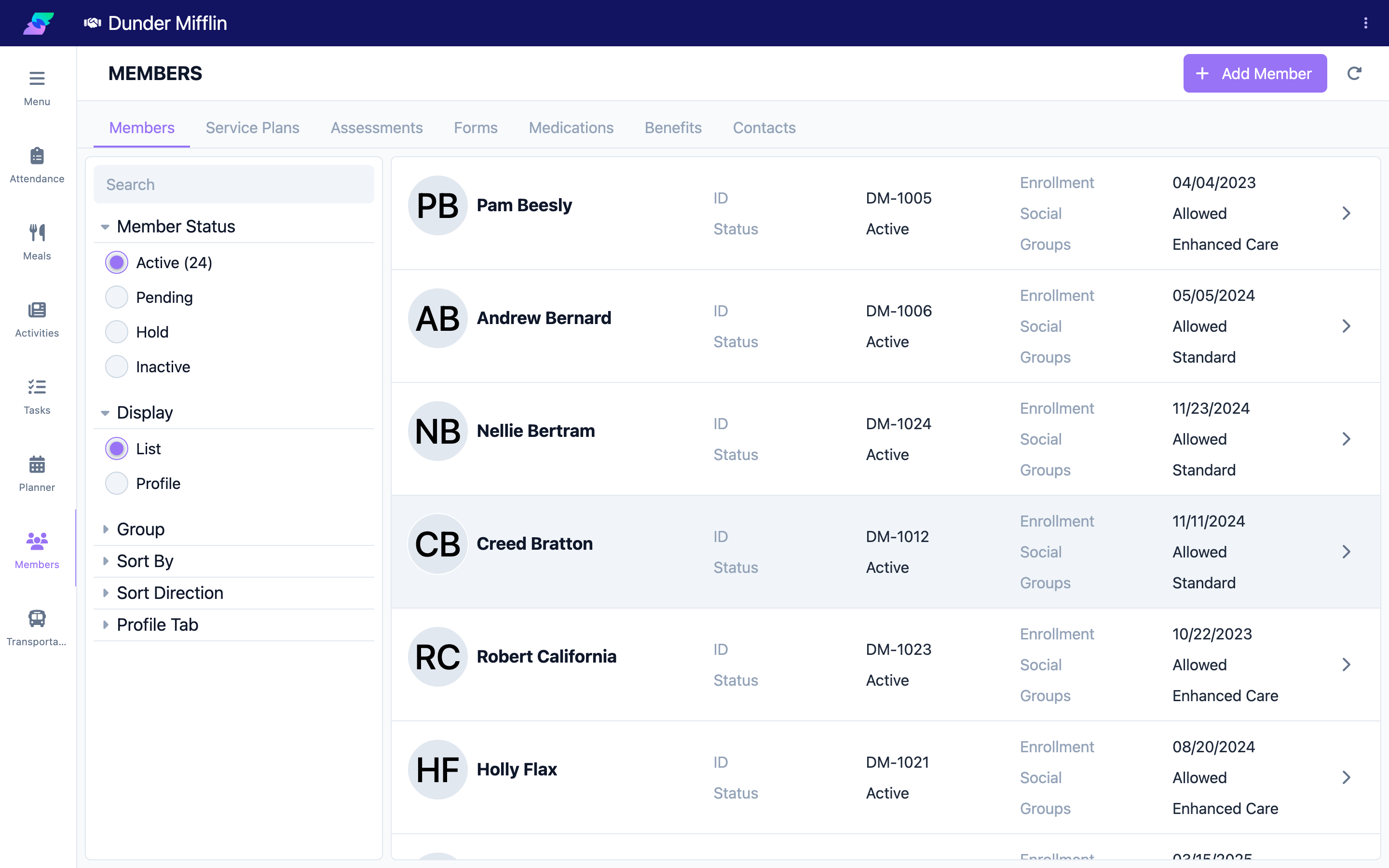Member list with a member selected