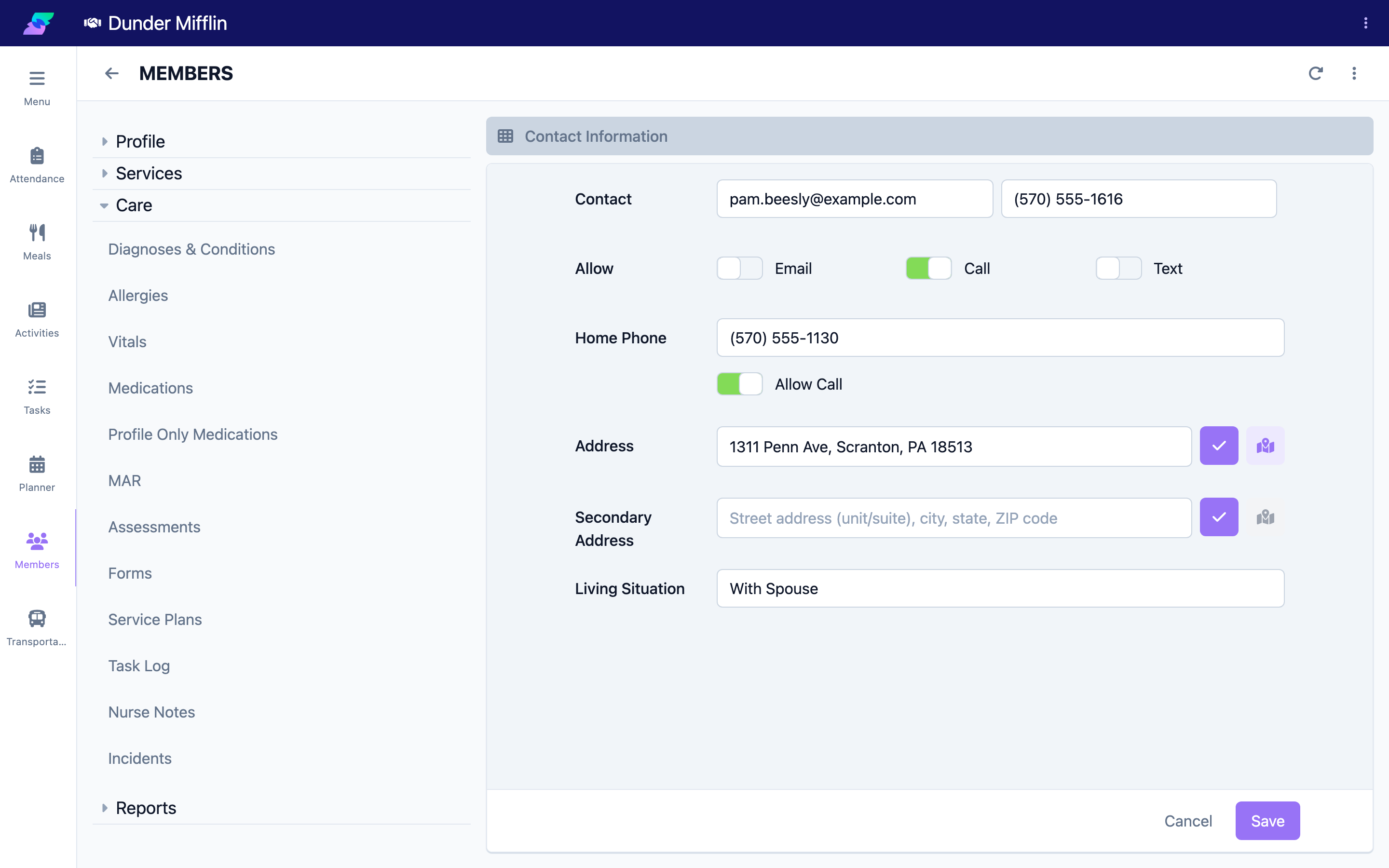 Care tab group expanded