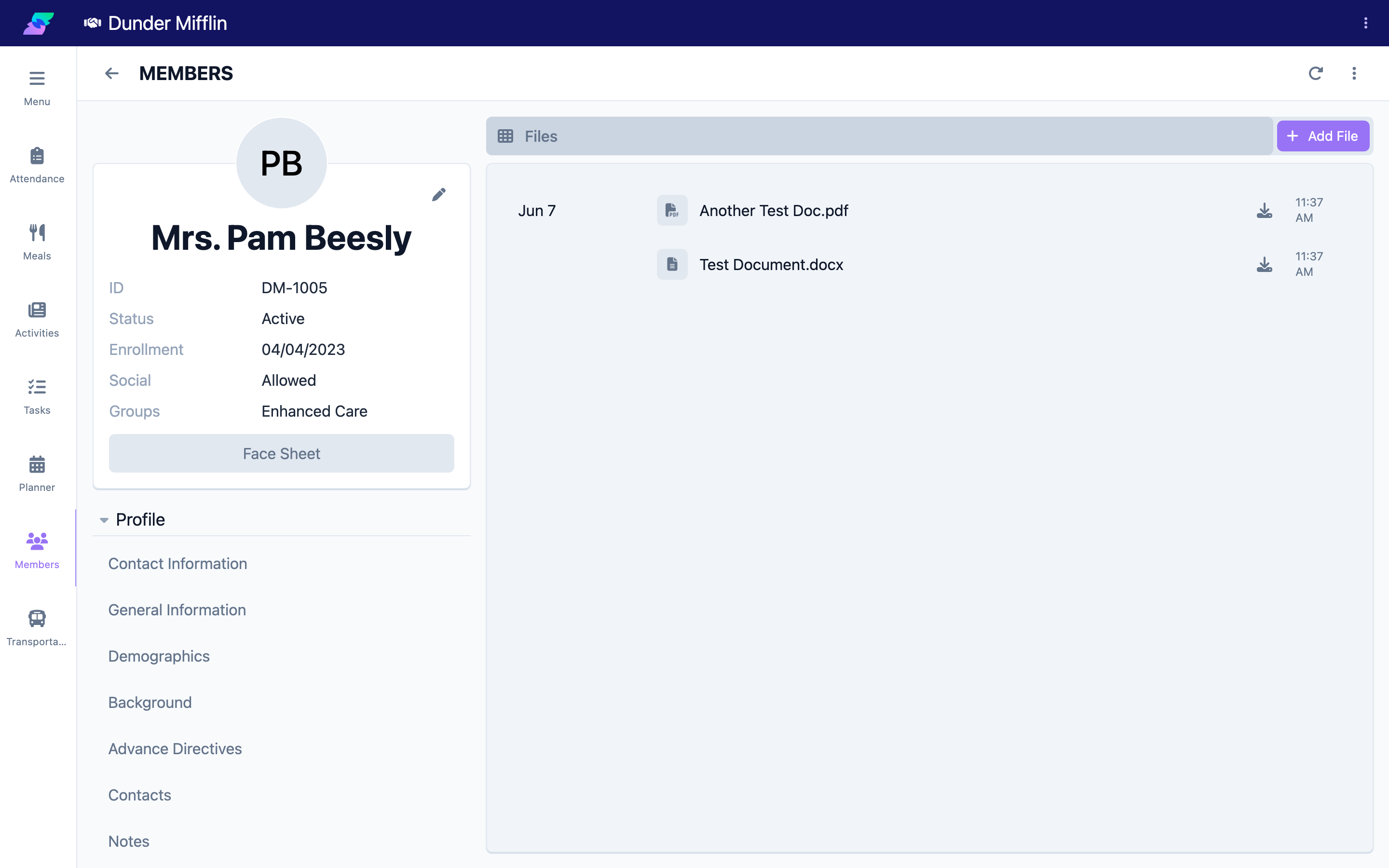 Files tab in the member profile